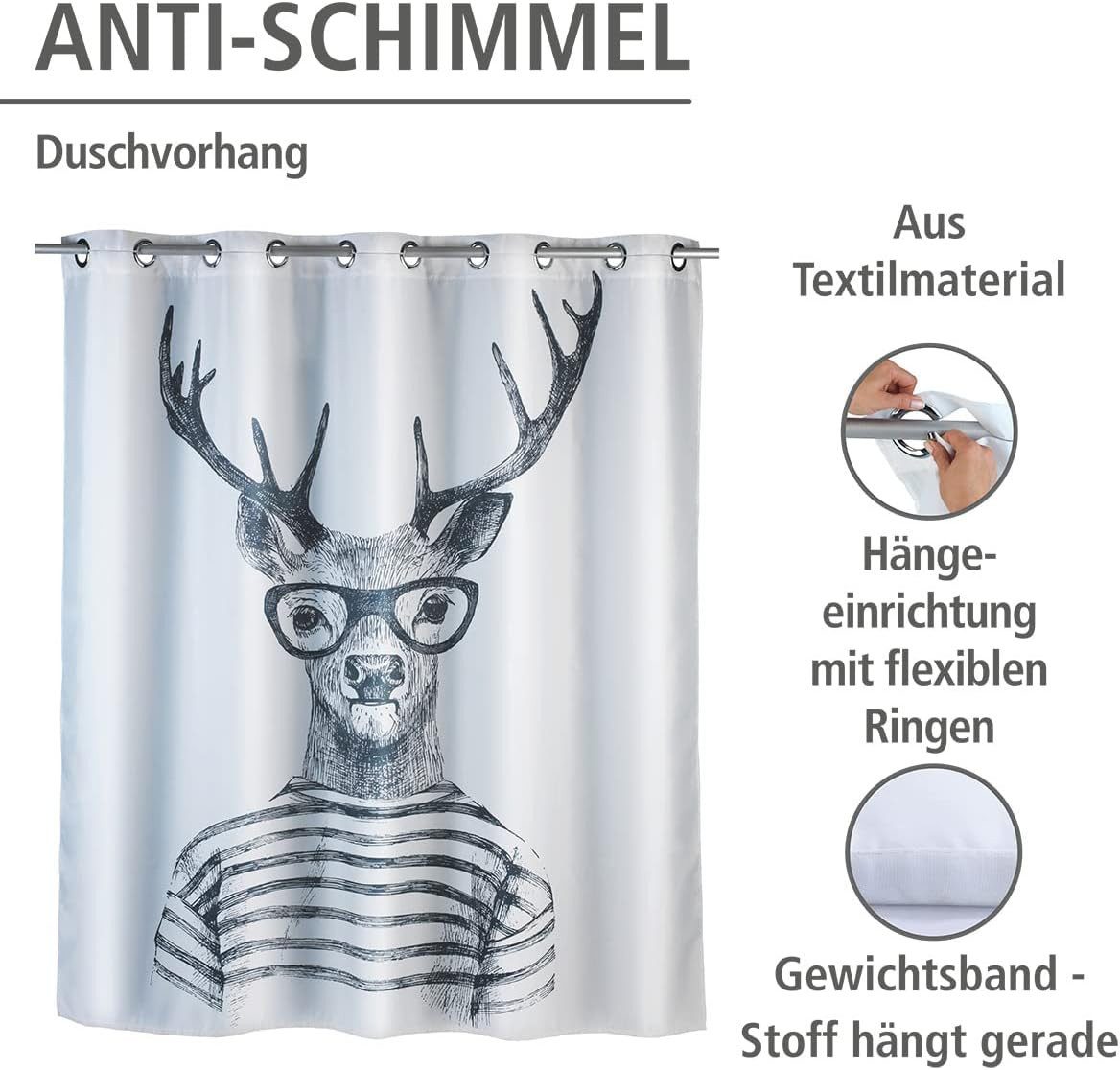 WENKO Duschvorhang Badevorhang waschbar, mit 12 Duschvorhangringen, 100 % Polyester