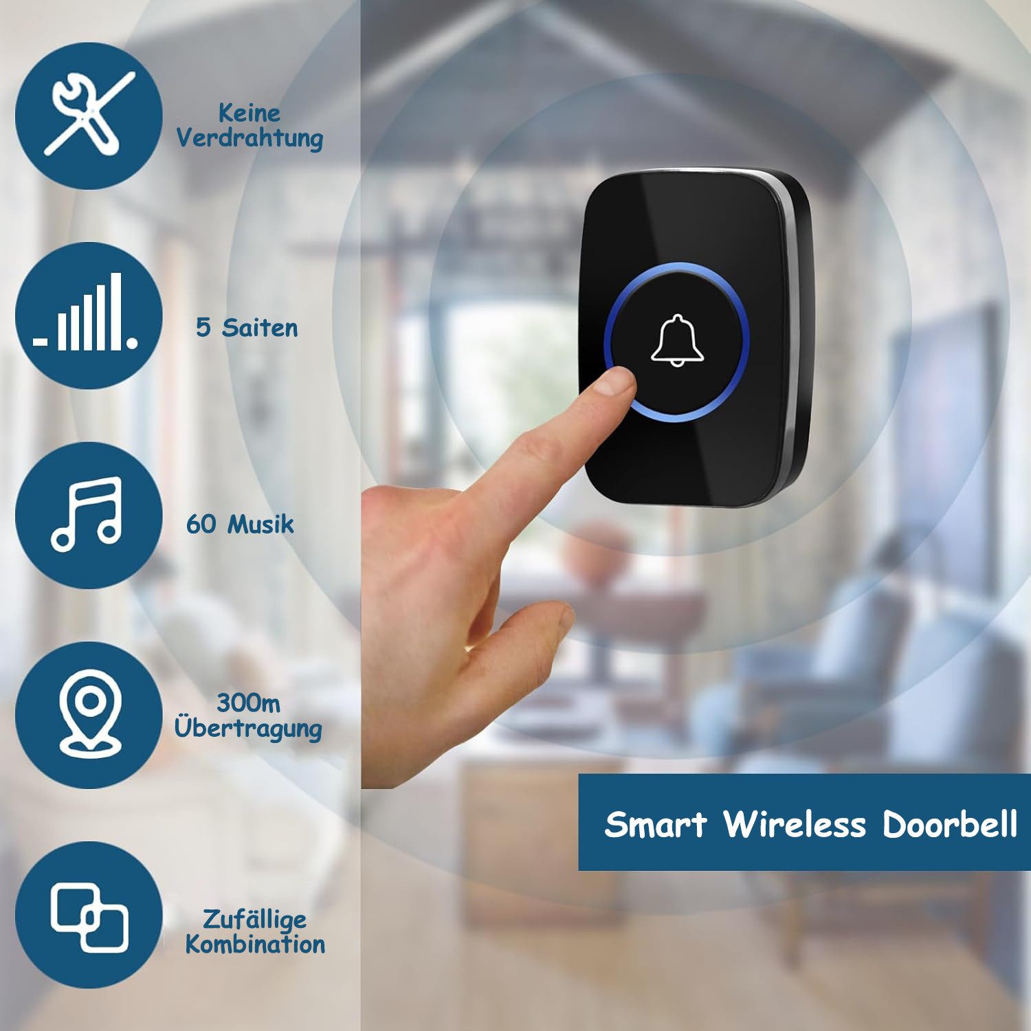 SinLaw Türklingel Drahtlose Türklingel, 300 Meter Ring Doorbell IP44 Wasserdicht (1-St), Haustürklingel-Set, 5 Bände – Bild 4 von 5