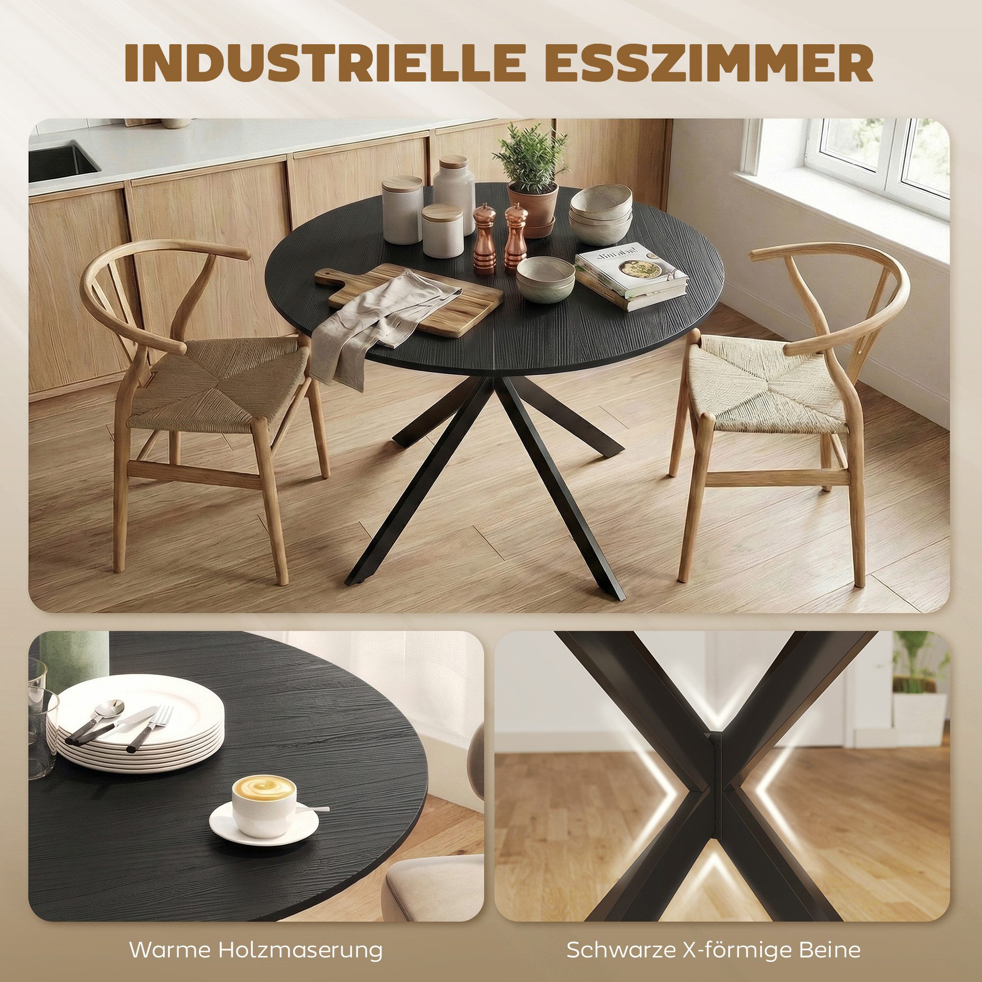 HOMCOM Esstisch Küchentisch im Industriestil mit Stahlbeinen für 4 Personen (für Esszimmer, Küche, Wohnzimmer, 1-St., rund, 100 x 100 x 75 cm), Schwarz – Bild 4 von 5
