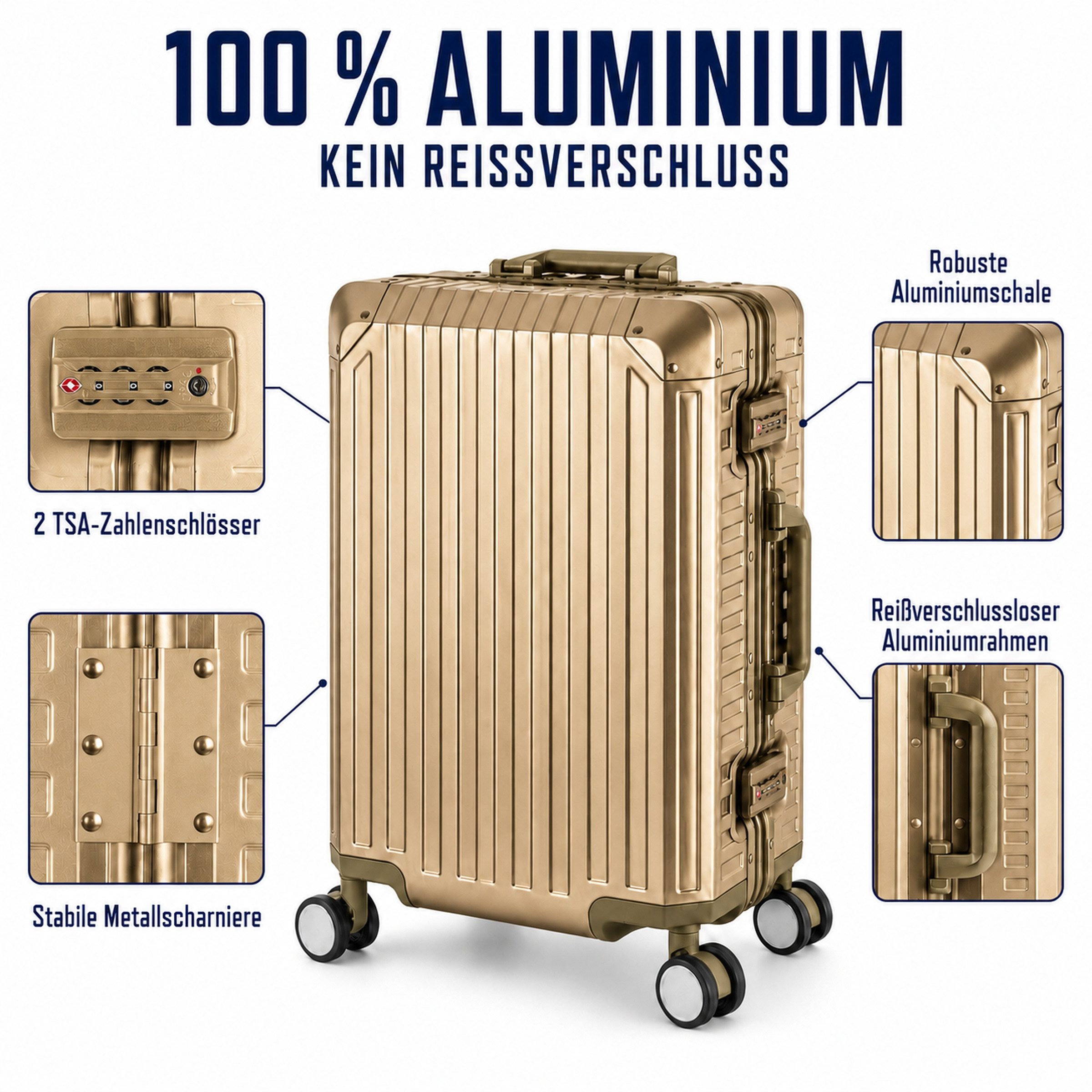 Travelhouse Kofferset 100% Aluminium TOKYO - verschiedene Farben, 4 Rollen, (4 tlg., S+M+L+XL), mit stabilem Aluminium-Gehäuse und verstärkten Ecken