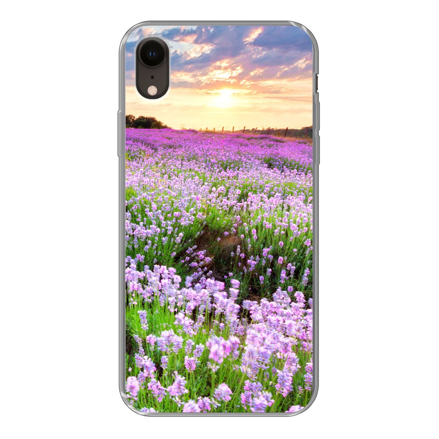 MuchoWow Handyhülle für Apple iPhone XR Blumen - Lavendel - Lila - Himmel - Sonnenuntergan, Smartphone-Bumper, Print, Handy Schutzhülle Dünn