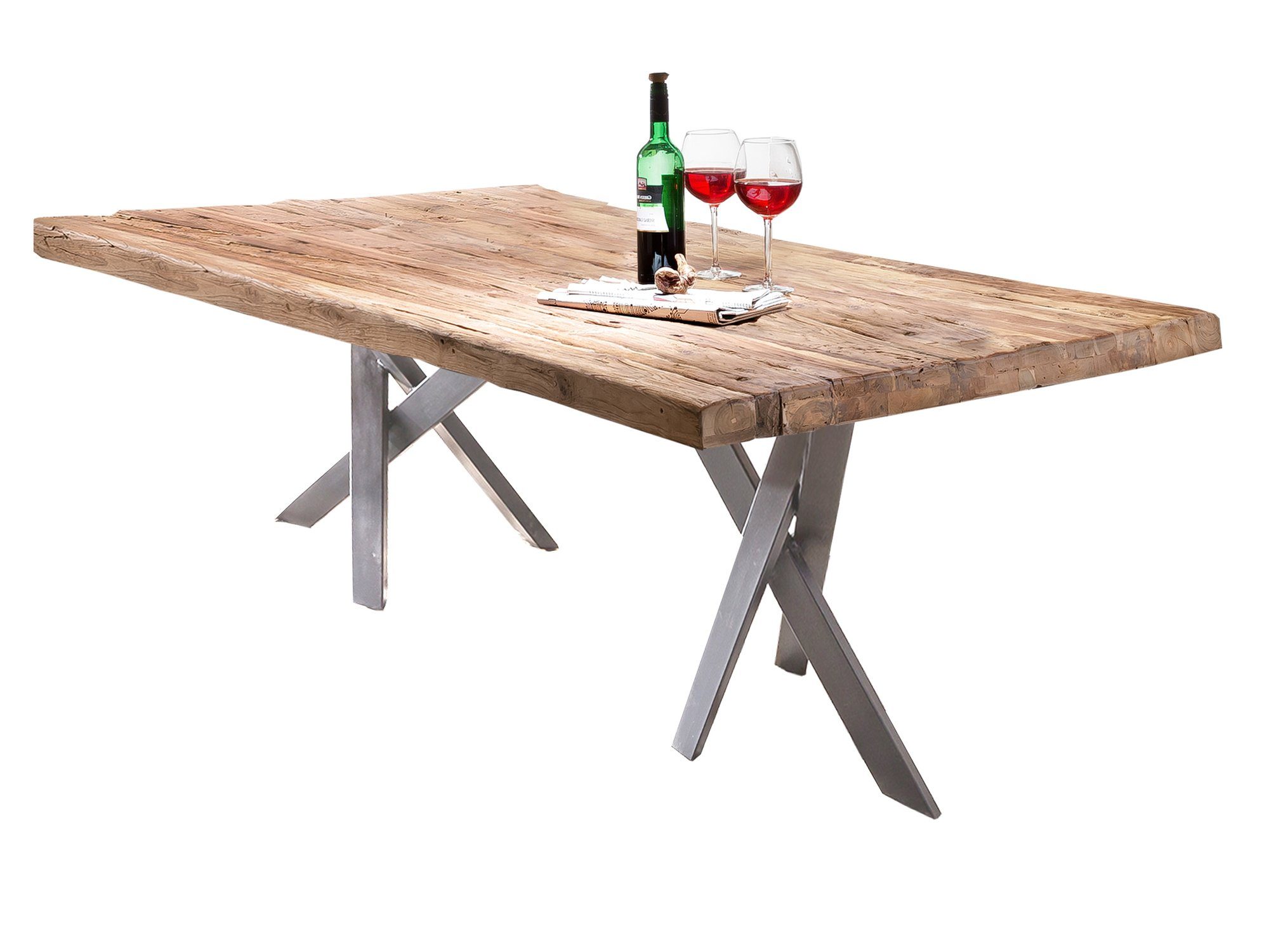 TPFLiving Esstisch Perseus - Tisch Esstisch Design - | Gestell Gestell (Tischplatte Platte - mm 50 originellem antik-silber Luxus in Teak, Esstisch antiksilber, recyceltes - Plattenstärke Platte natur, massiv), antik-silber Metall Esstisch - Desinger 180x100cm