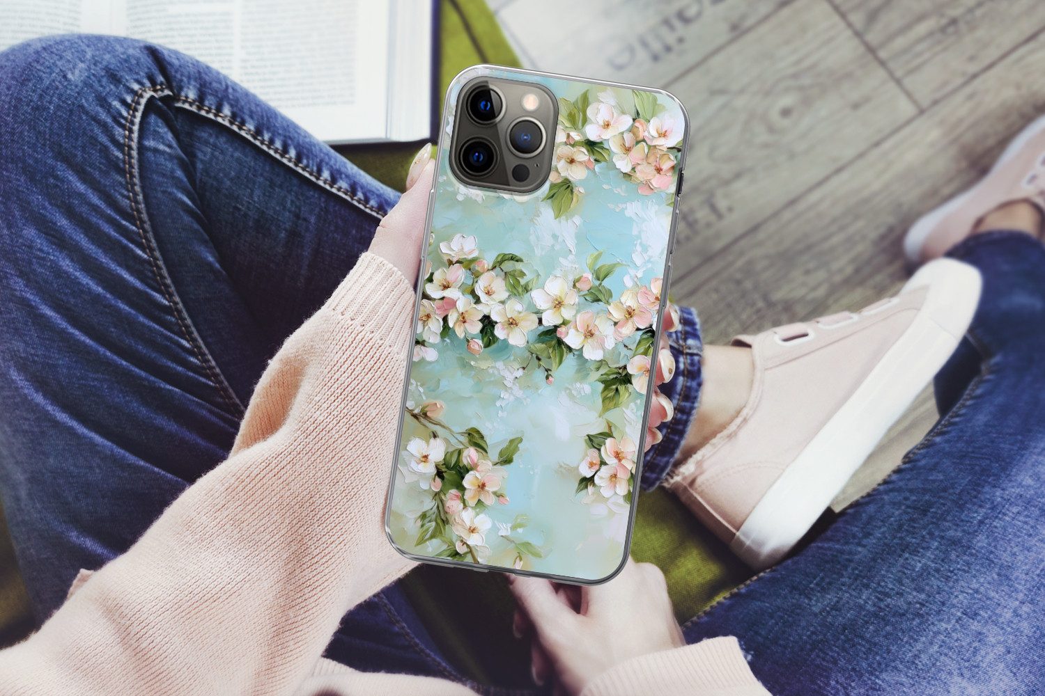 MuchoWow Handyhülle für Apple iPhone 13 Pro Max Blüte - Blätter - Hellblau, Smartphone-Bumper, Print, Handy Schutzhülle Dünn