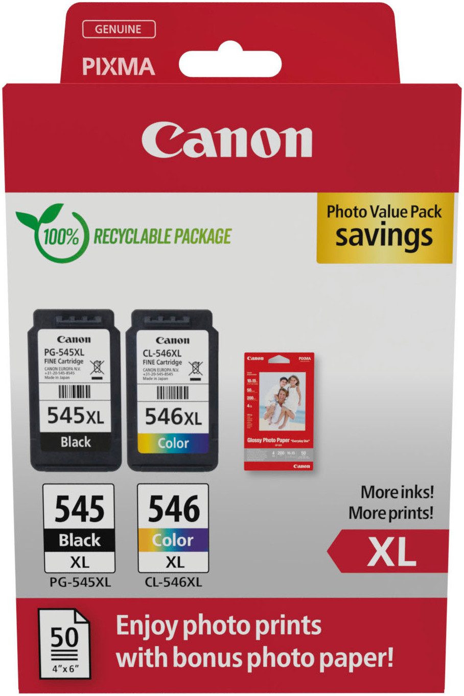 Canon PG-545XL/CL-546XL Tinte mit hoher Reichweite + Fotopapier Value Pack Tintenpatrone (Packung)