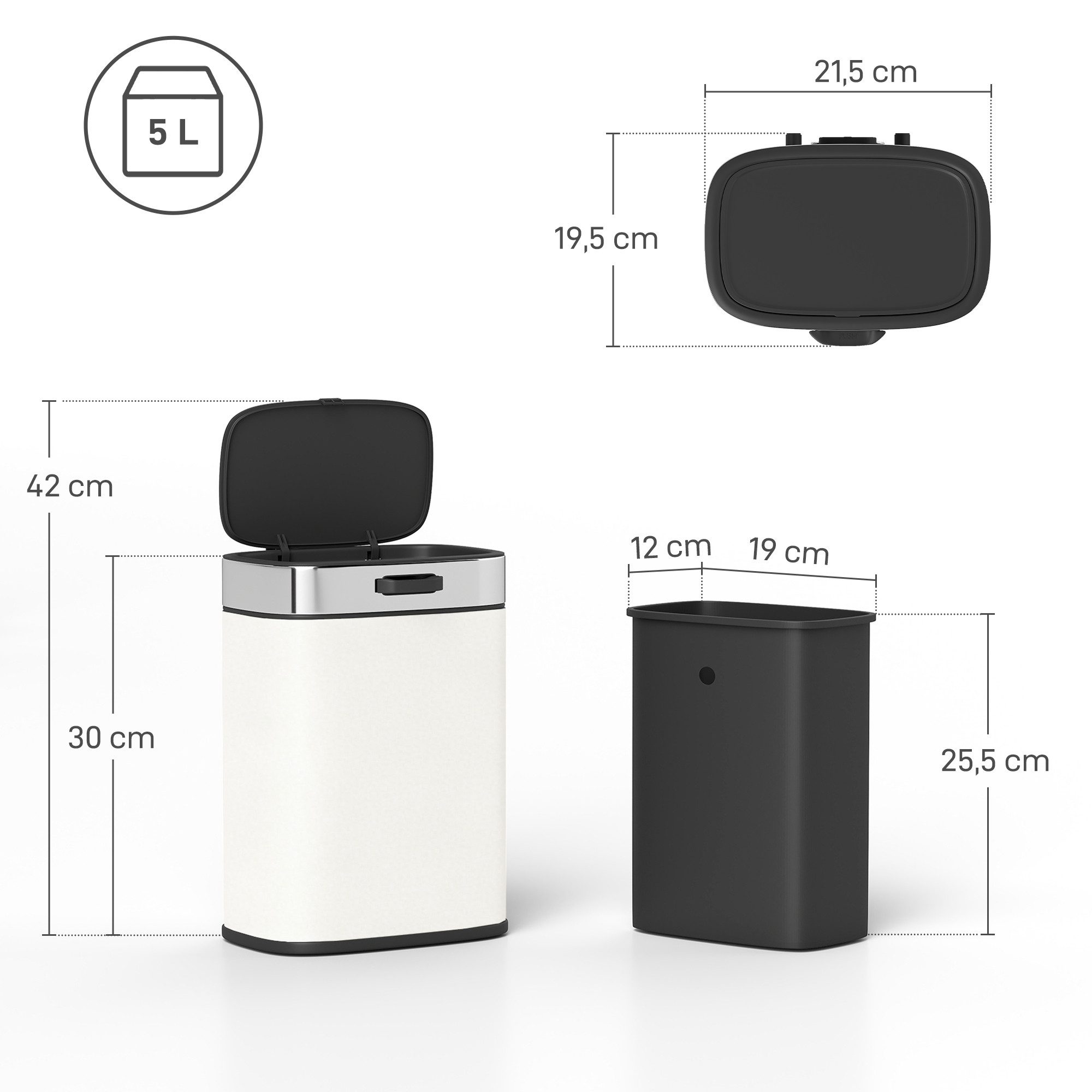 HOMCOM Mülltrennsystem mit Druck-Öffnen, offen bleibendem Deckel, herausnehmbarer Inneneimer, für Küchenschranktür, unter der Spüle, Schlafzimmer, Büro, Cremeweiß