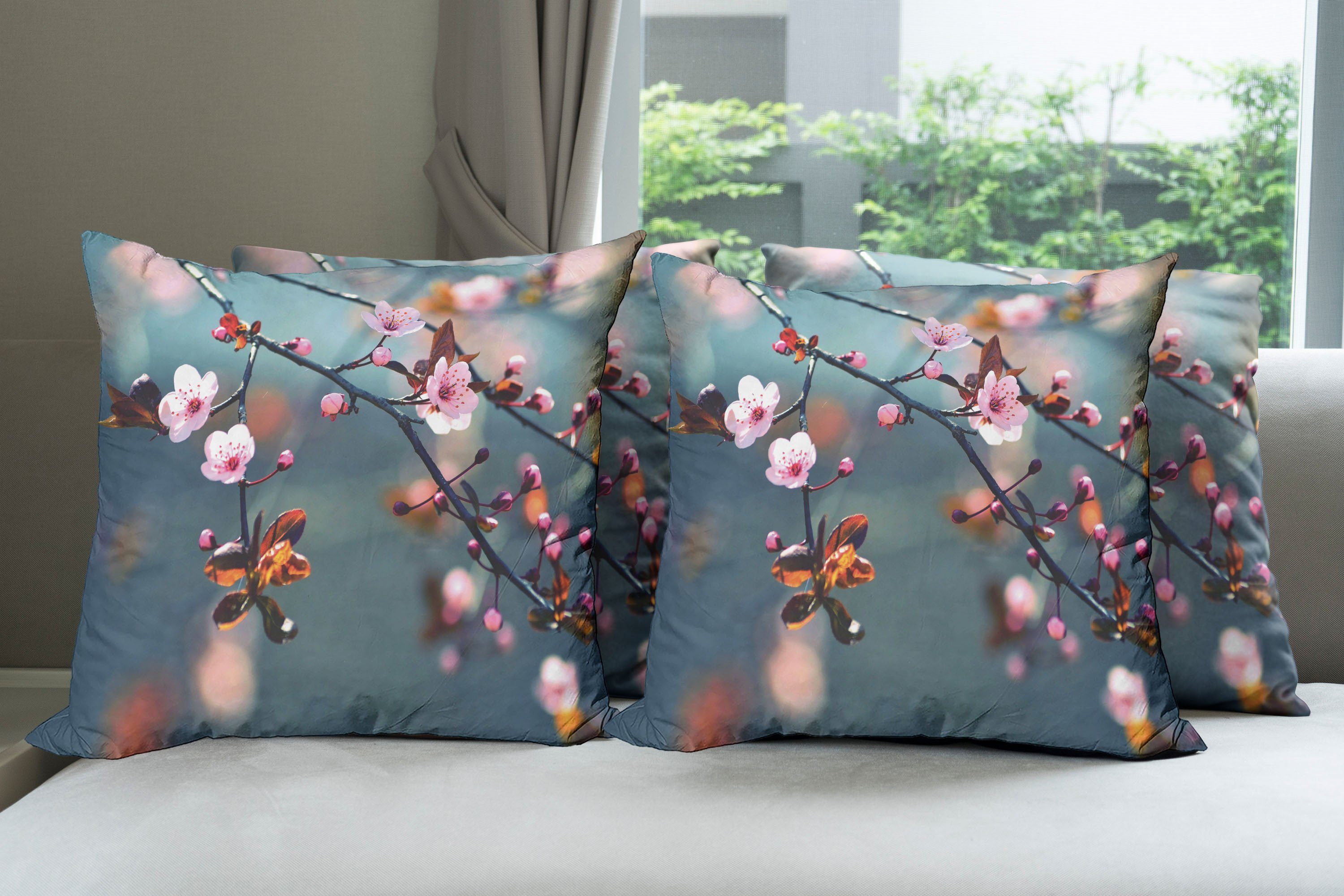 Accent (4 Blooming Sakura Modern Digitaldruck, Blumen Kissenbezüge Stück), Abakuhaus Doppelseitiger Natur