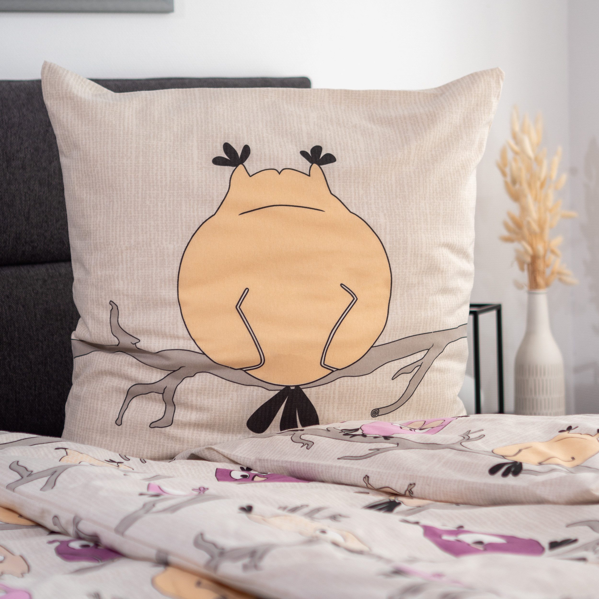 DOBNIG Bettwäsche Flanell, Flanell, 2 teilig, lustige Eulen, sandfarben
