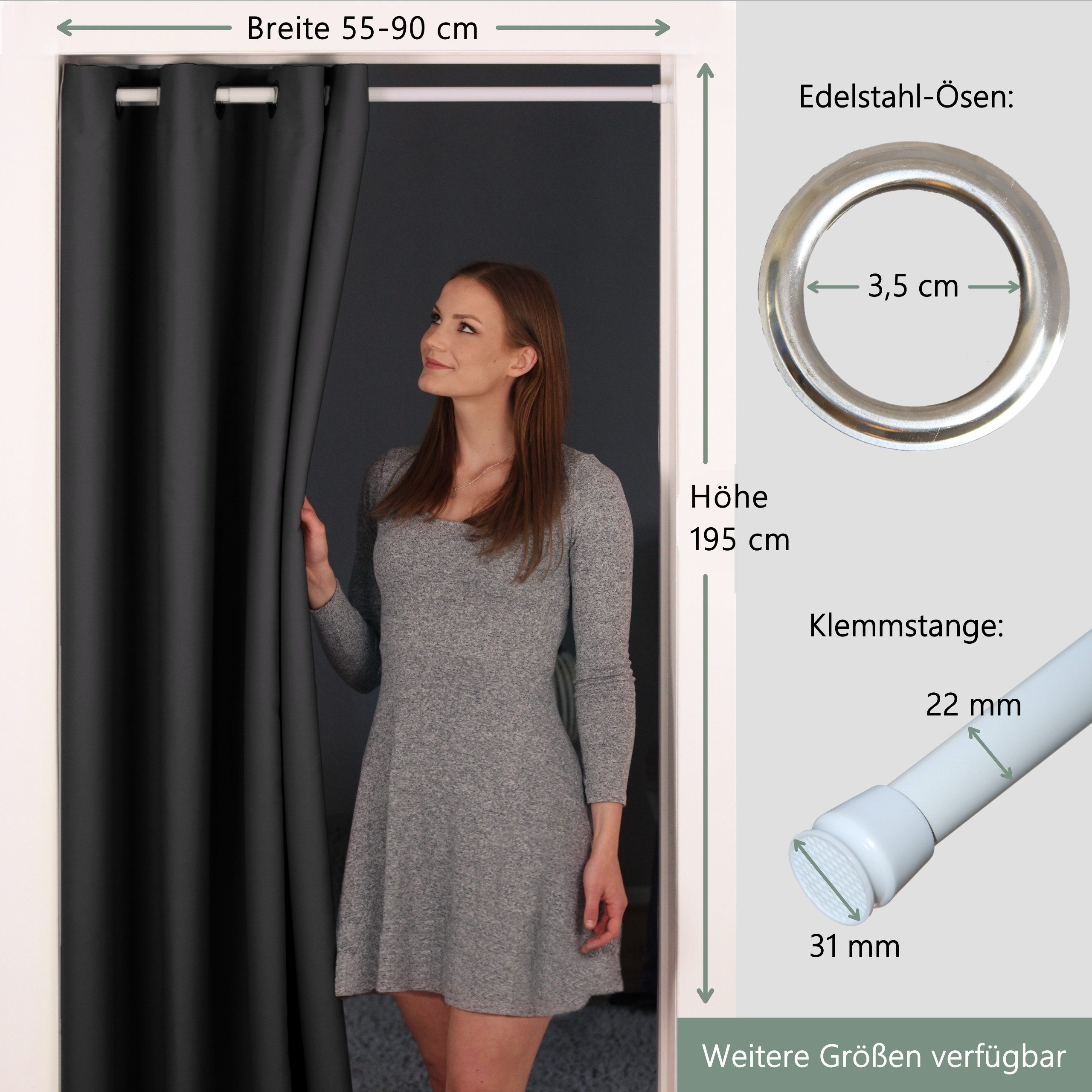 tinycurtains Türvorhang mit Stange weiß 55-90 cm ohne Bohren, Thermo Vorhang Tür, Ösen, abdunkelnd, Polyester, blickdicht, Schwarz Eclipse, Türgardine mit Klemmstange verdunkelnd