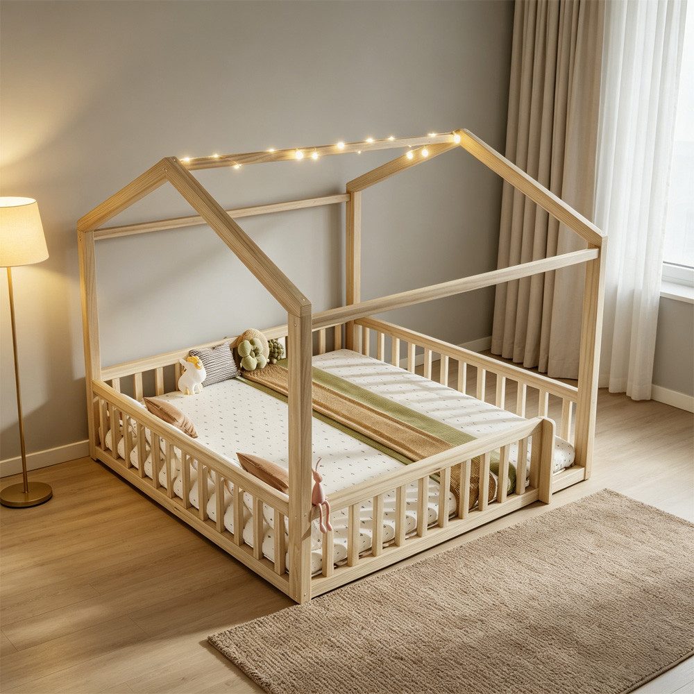 REDOM Kinderbett Holzbett Funktionsbett (mit LED & Sicherheitsgitter aus Kiefernholz, 90x190cm*2/180x190cm), ohne Matratze