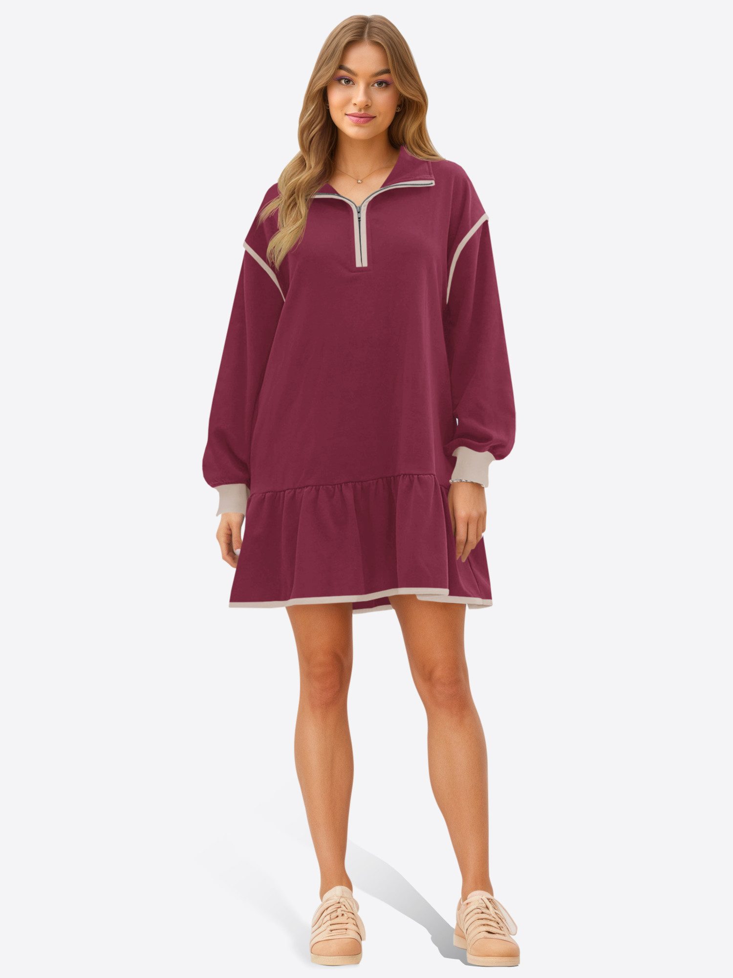 Imily Bela Minikleid Damen Langarm Casual mit Halb-Reißverschluss Kontrastnähten (Packung, 1-tlg., 1per-Pack) mit Ballonärmel Rüschensaum