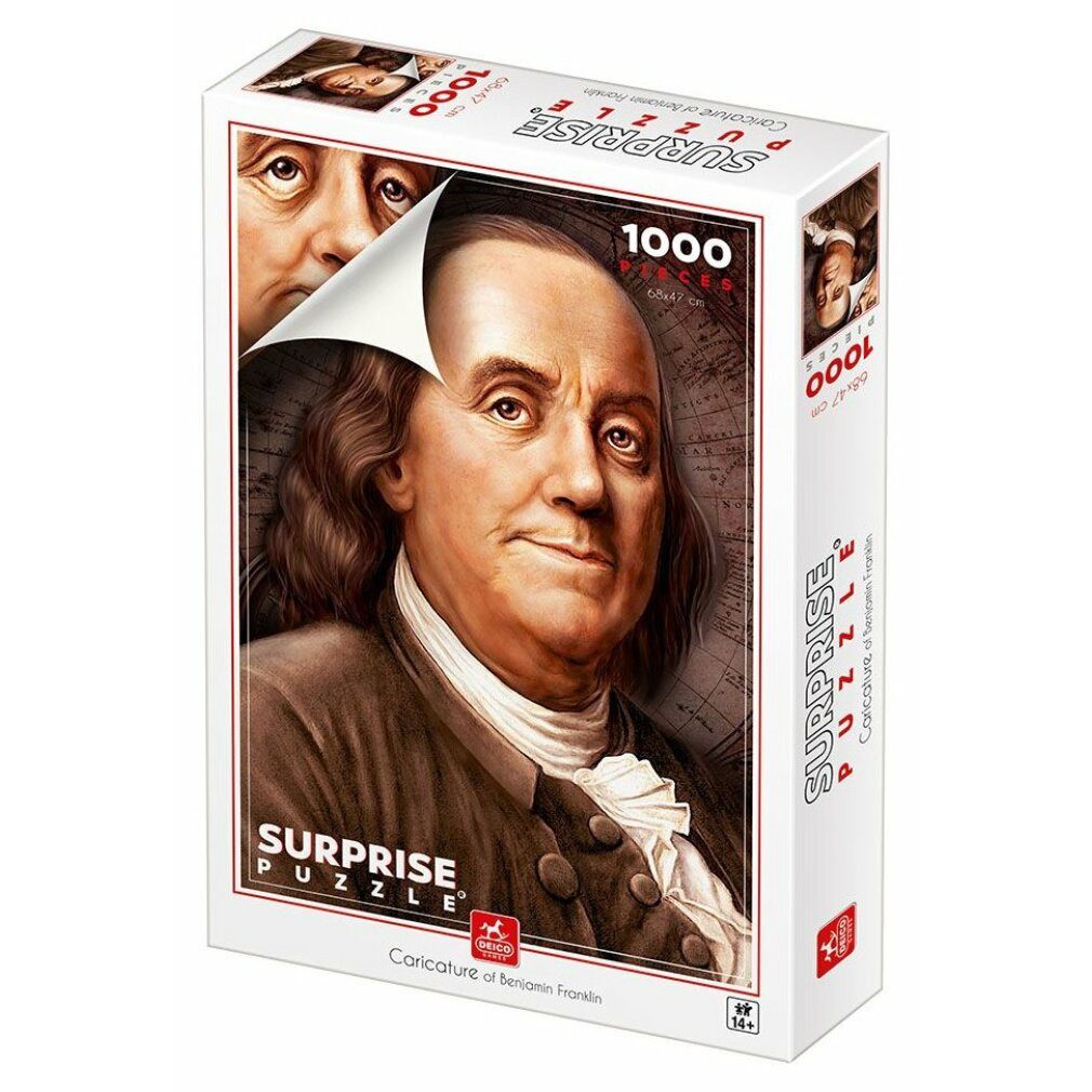 D-TOYS Puzzle DEICO Überraschungspuzzle Cartoon von Benjamin Franklin 1000 Teile, Puzzleteile