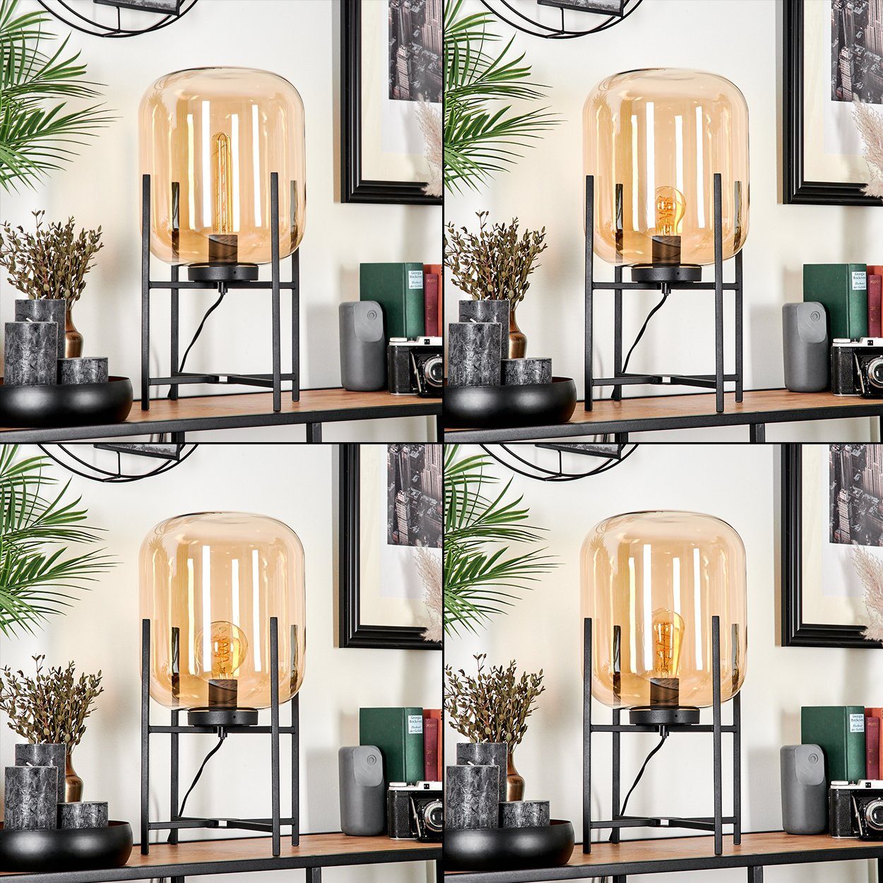 hofstein Tischleuchte Tischlampe aus Metall/Glas in Schwarz/Bernsteinfarben, ohne Leuchtmittel, Nachttischlampe, Glasschrim Ø25cmr, 1xE27, ohne Leuchtmittel