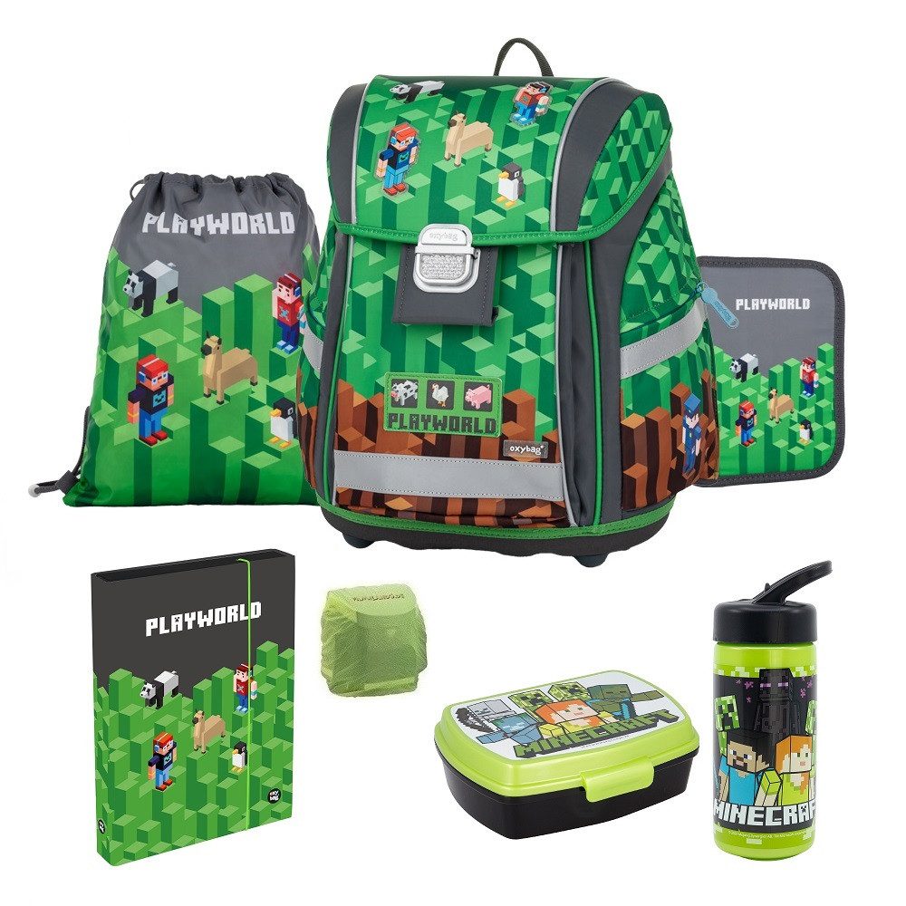Familando Schulranzen Gaming Motiv Pixel Playworld Schulranzen im Set für die 1. bis 4. Klas (Set, 7-tlg)
