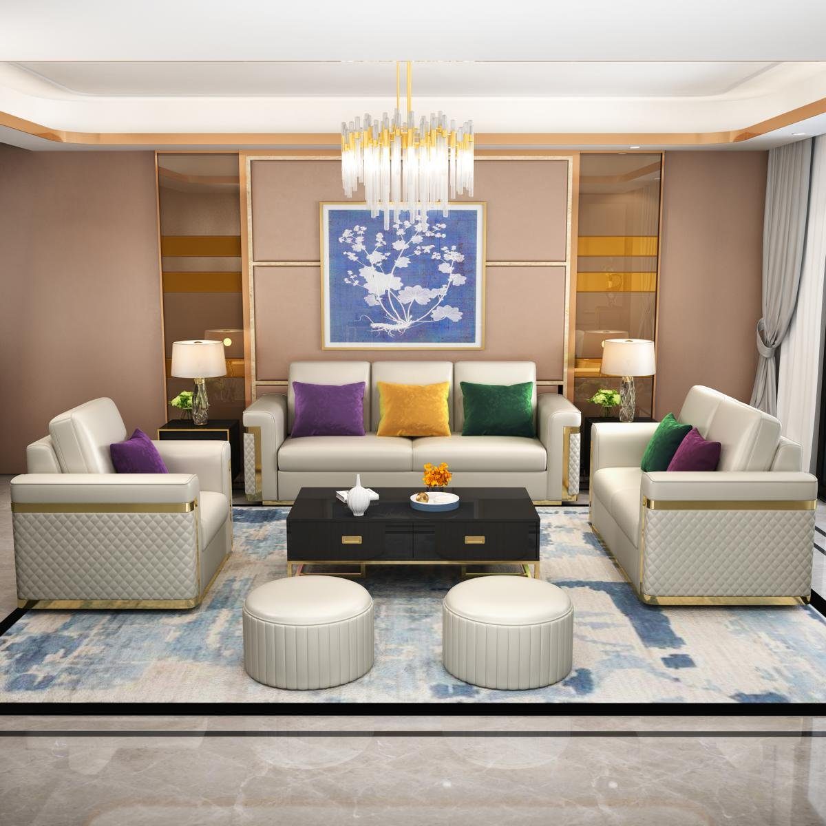 JVmoebel Big-Sofa Elegantes Sofa in Weiß mit Kunstlederbezug und Edelstahlfüßen, Made in Europa