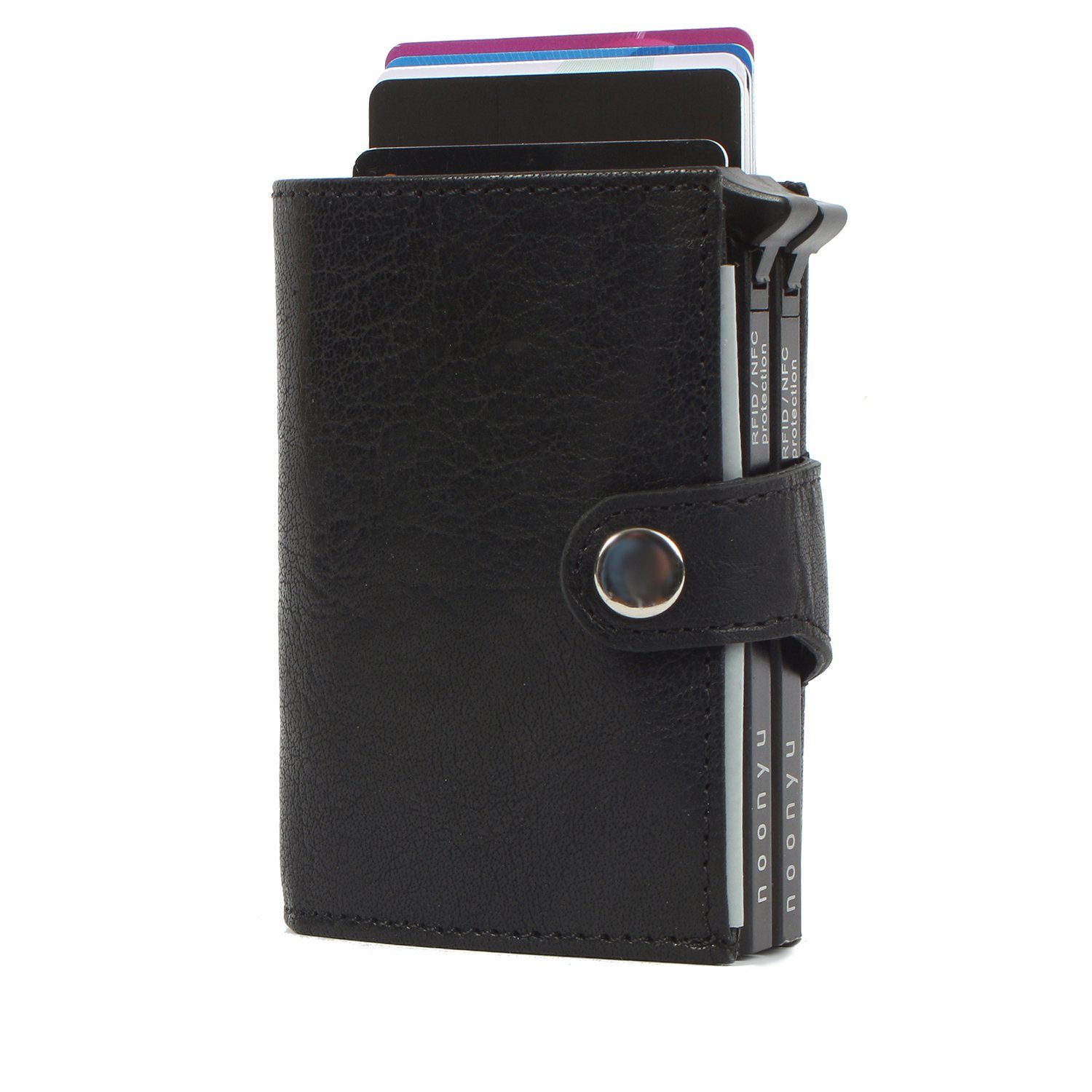 Mini leather, aus Margelisch Upcycling Kreditkartenbörse double RFID noonyu deepblack Leder Geldbörse