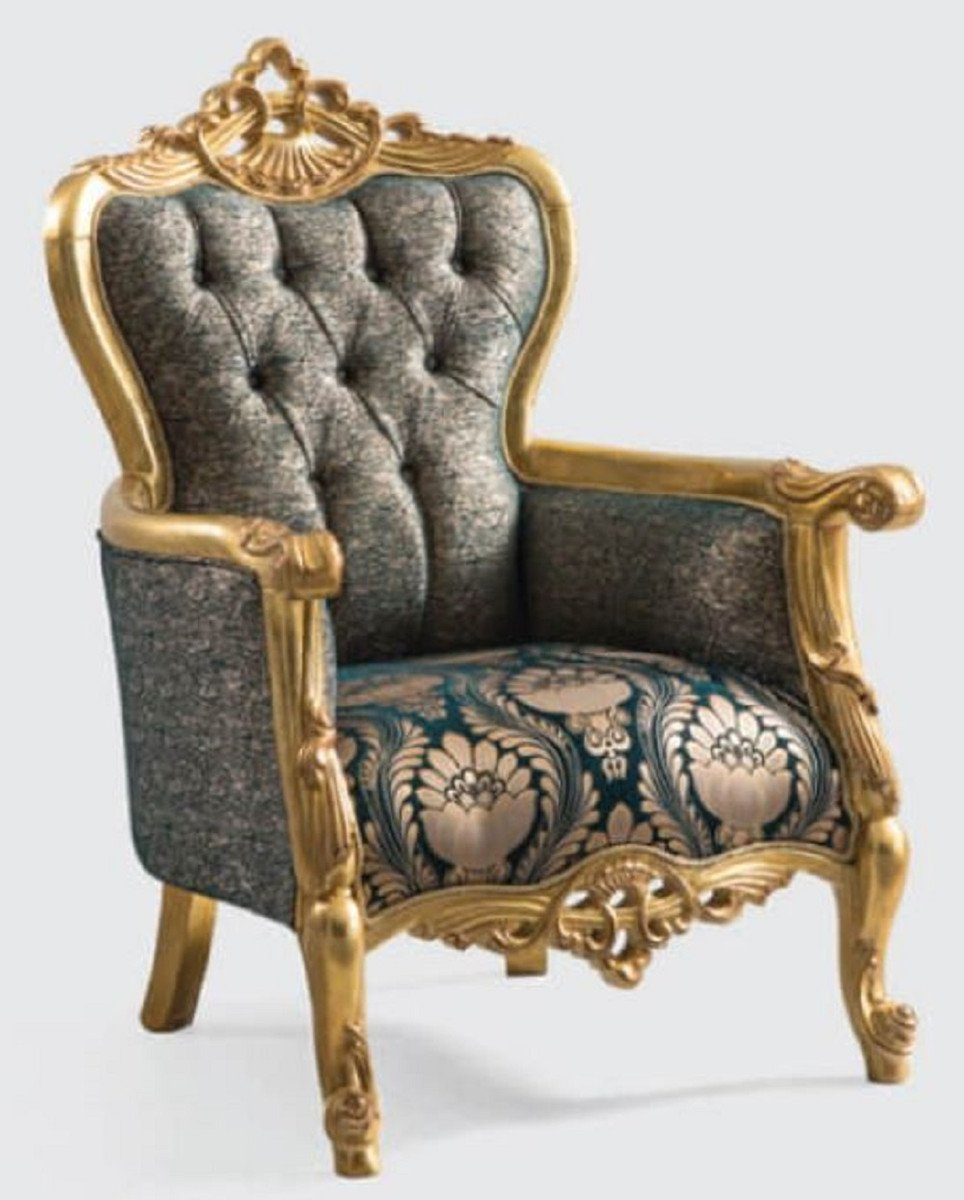 Casa Padrino Sessel Luxus Barock Sessel Grün / Gold 85 x 80 x H. 125 cm - Handgefertigter Wohnzimmer Sessel mit elegantem Muster - Barock Wohnzimmer Möbel - Edel & Prunkvoll