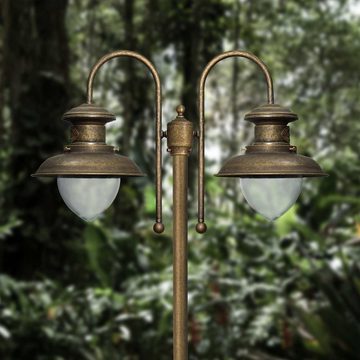 Licht-Erlebnisse Außen-Stehlampe AMALFI, ohne Leuchtmittel, 2-flammig IP44 in Bronze Antik matt E27 210 cm Glas Messing Maritim