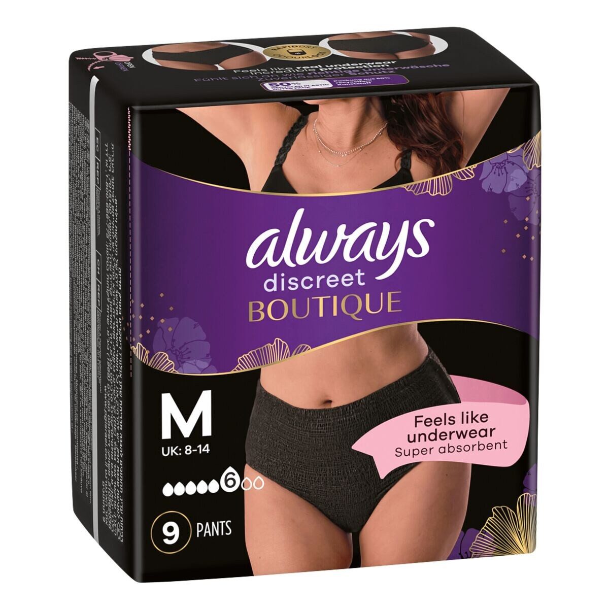 always Inkontinenz-Pants Discreet Boutique Schwarz, 6, 9-St., Gr. M, Saugstärke 6, starke Blasenschwäche