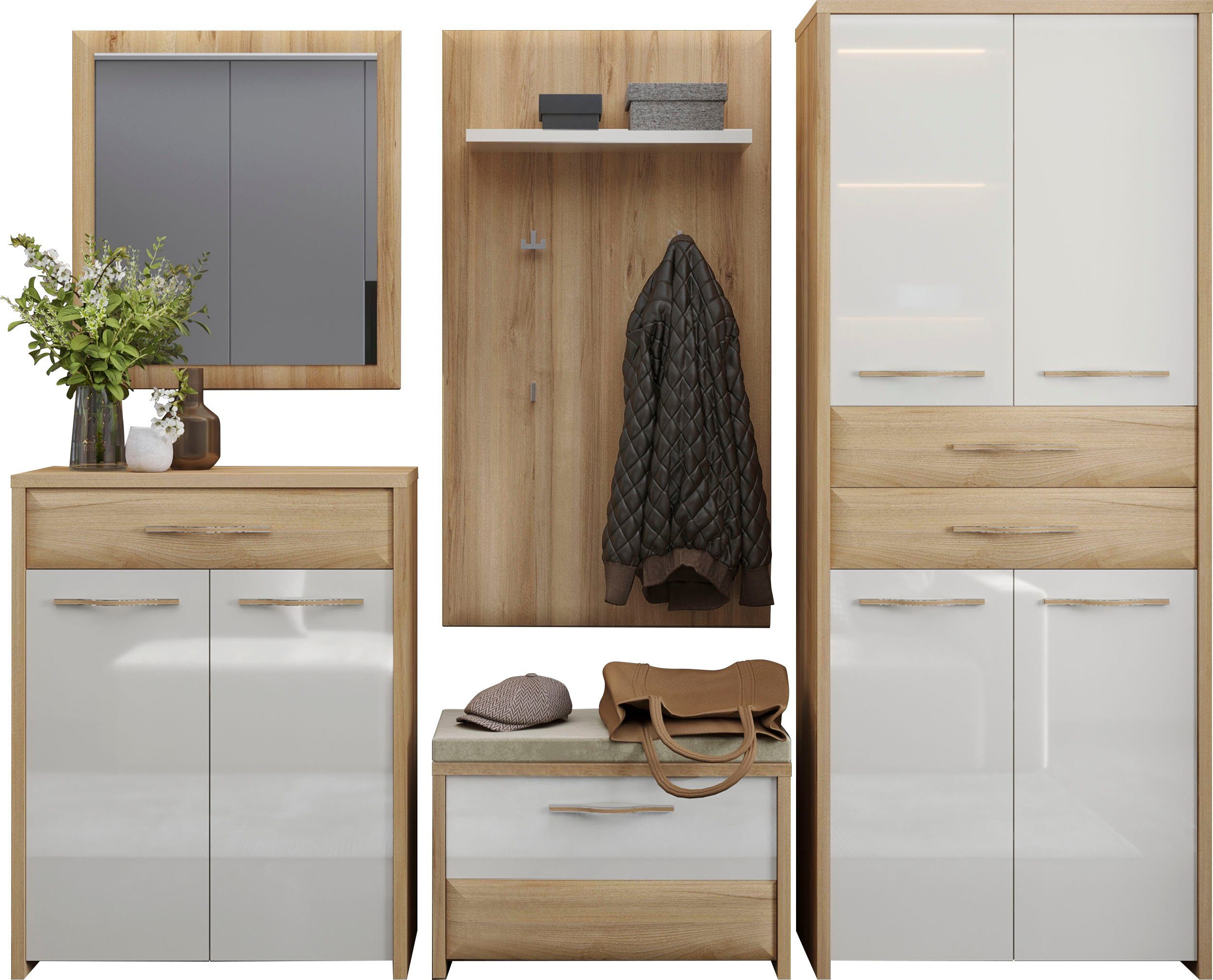 OTTO home Garderoben-Set Gala, (Set, 5-St., Garderobenschrank,Schuhschrank,Schuhbank,Garderobenpaneel,Wandspiegel), Soft-Close Funktion, Hochglanz UV lackiert