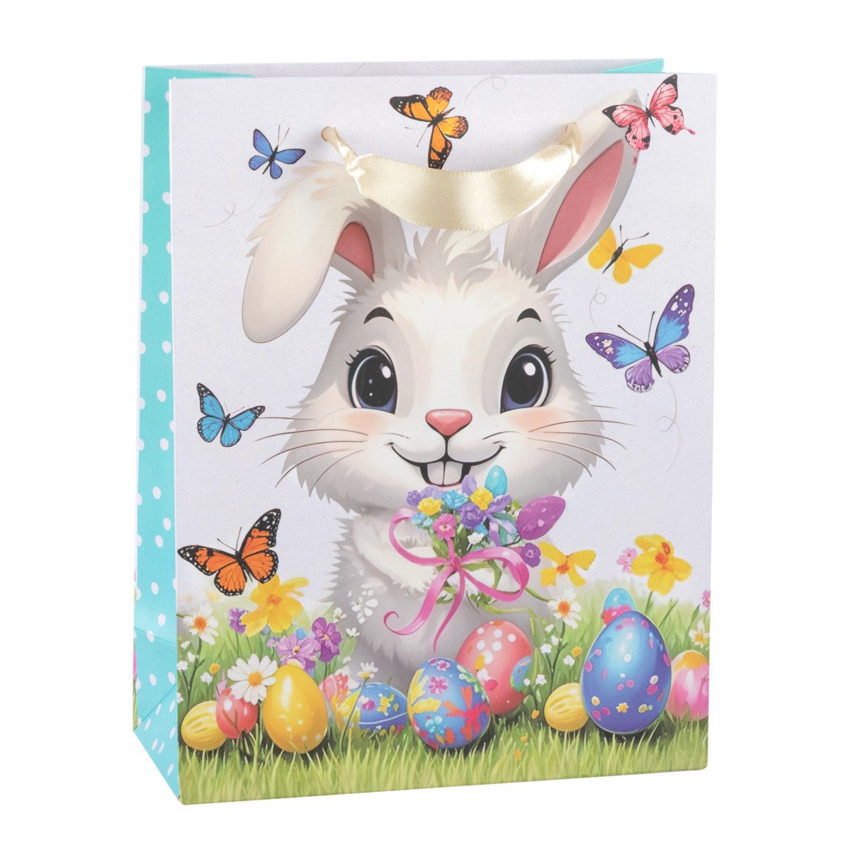 Idena Tragetasche Geschenktasche Ostern - Hase, weiß mit Eiern, 18 x 23 x 8 cm
