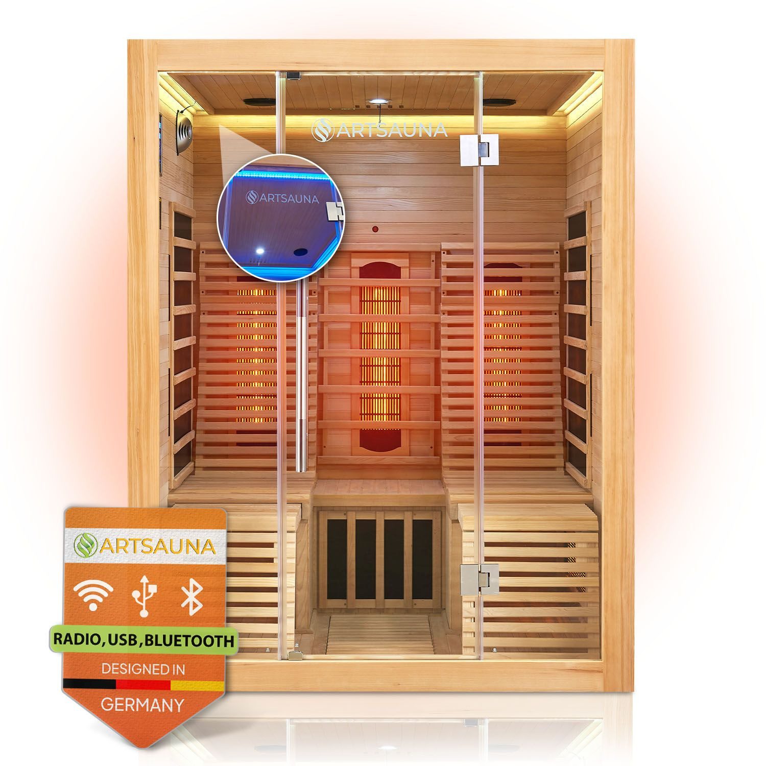 Artsauna Infrarotkabine Helsinki150 Dual-Technologie, für 3 Personen, Hemlockholz, HiFi-System, Ionisator, LED-Farblicht