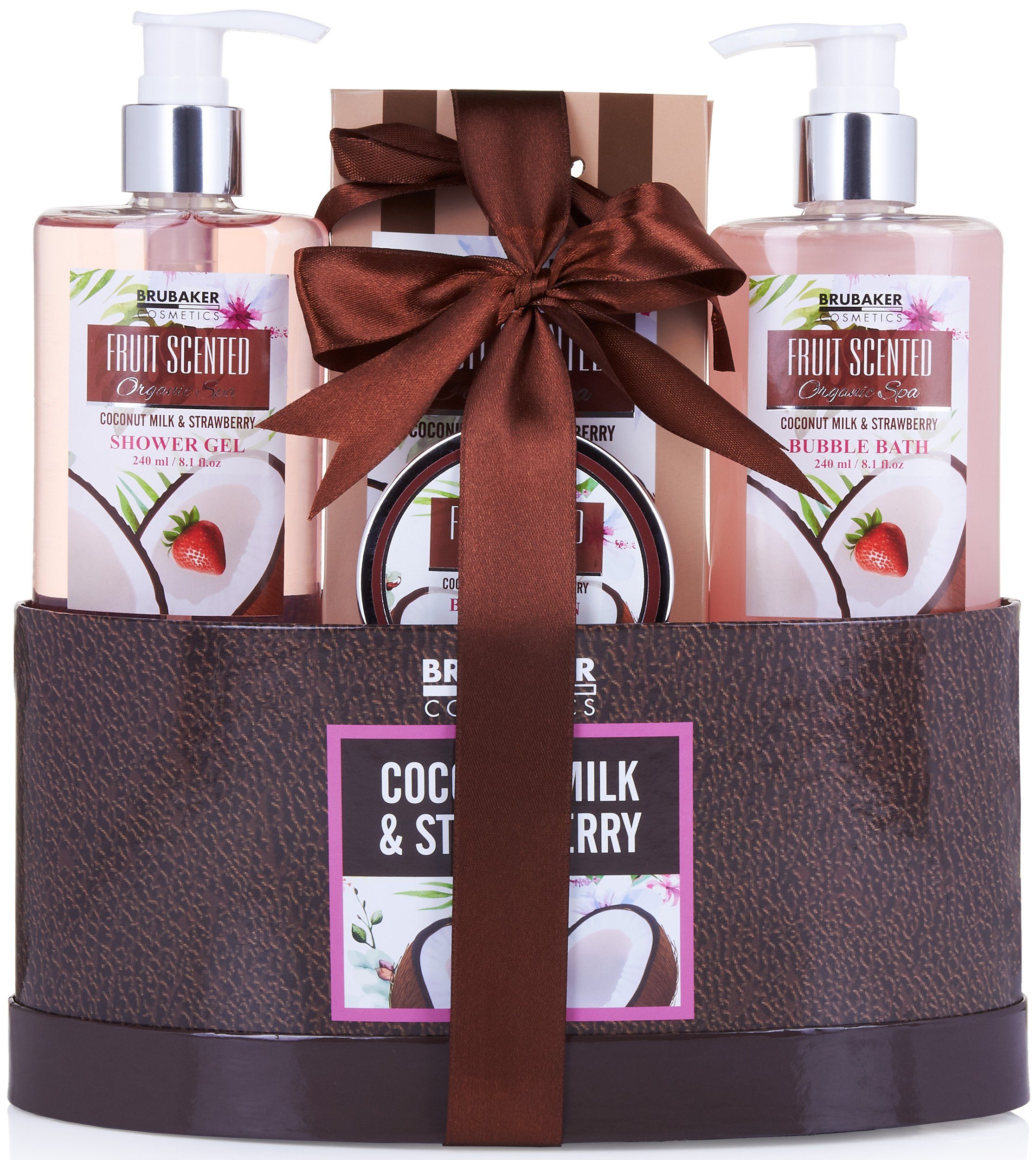 BRUBAKER Hautpflege-Set Geschenk für Frauen - Bade- und Dusch Set, 5-tlg., Damen Geschenkset in Geschenkbox, Kokosnuss und Erdbeer Duft
