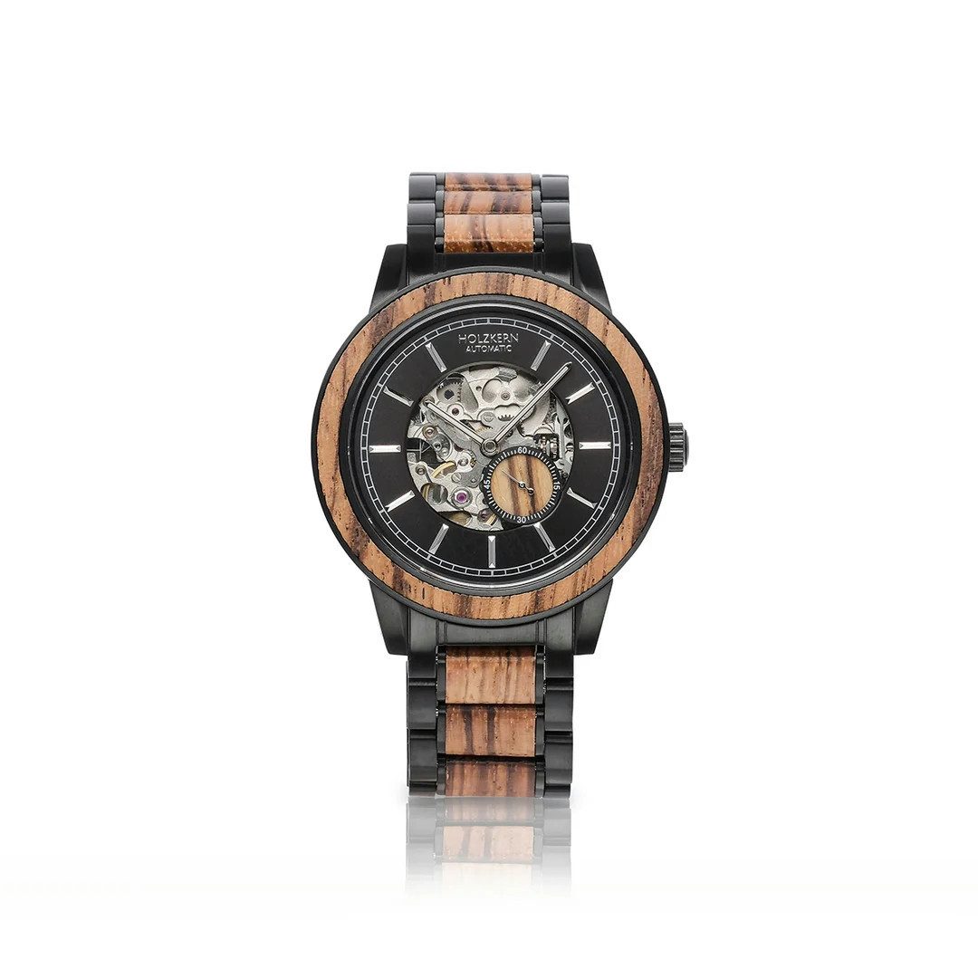 Holzkern Automatikuhr San Juan Herrenuhr Zebrano Schwarz Edelstahl 43 mm