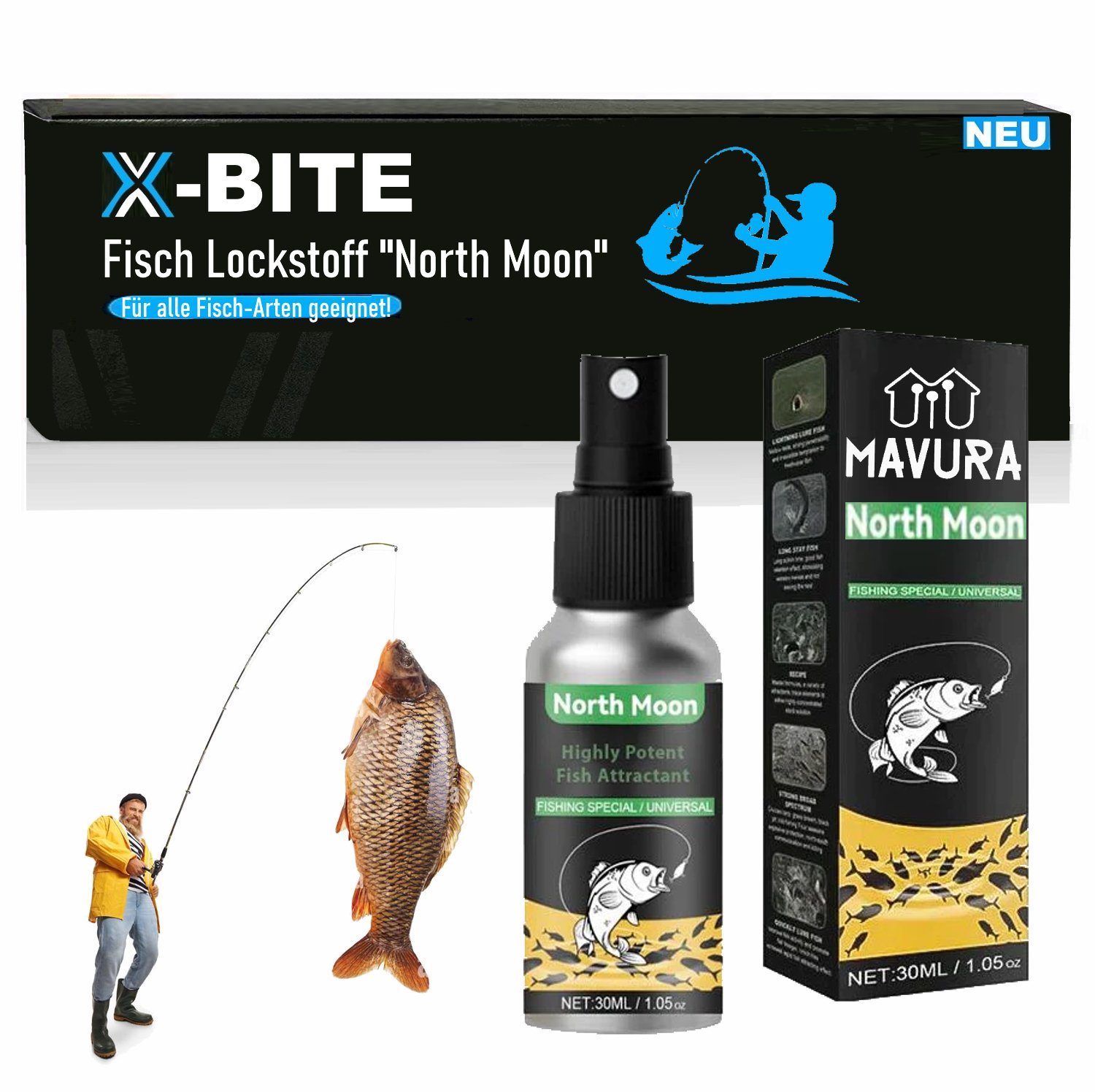 Köderspray Lockstoff X-BITE Fischarten! Flüssiglockstoff, für Kunstköder alle Angel MAVURA Lockmittel, Fischköder Fisch Spray