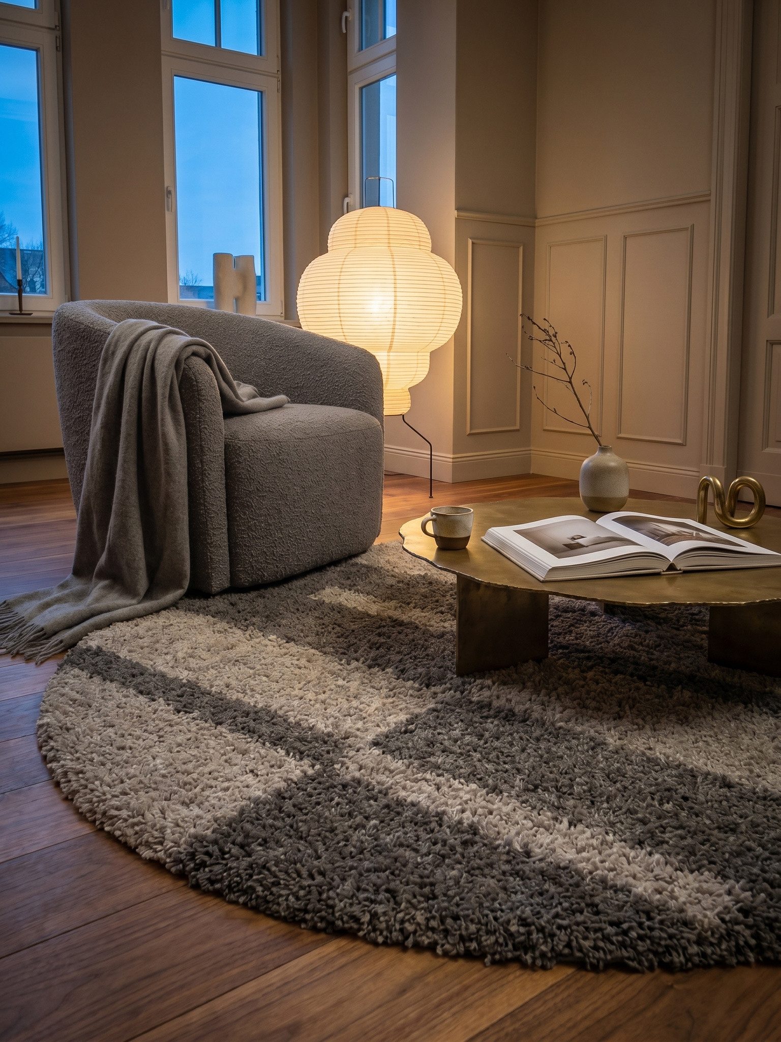 KADIMA DESIGN Teppich Hochflor Teppich Rund WERFEN Kariert Flur Läufer Schlafzimmer, Rund, Höhe: 32 mm, Taupe, 80x80 cm, Wohnzimmerteppich Strapazierfähig Waschbar