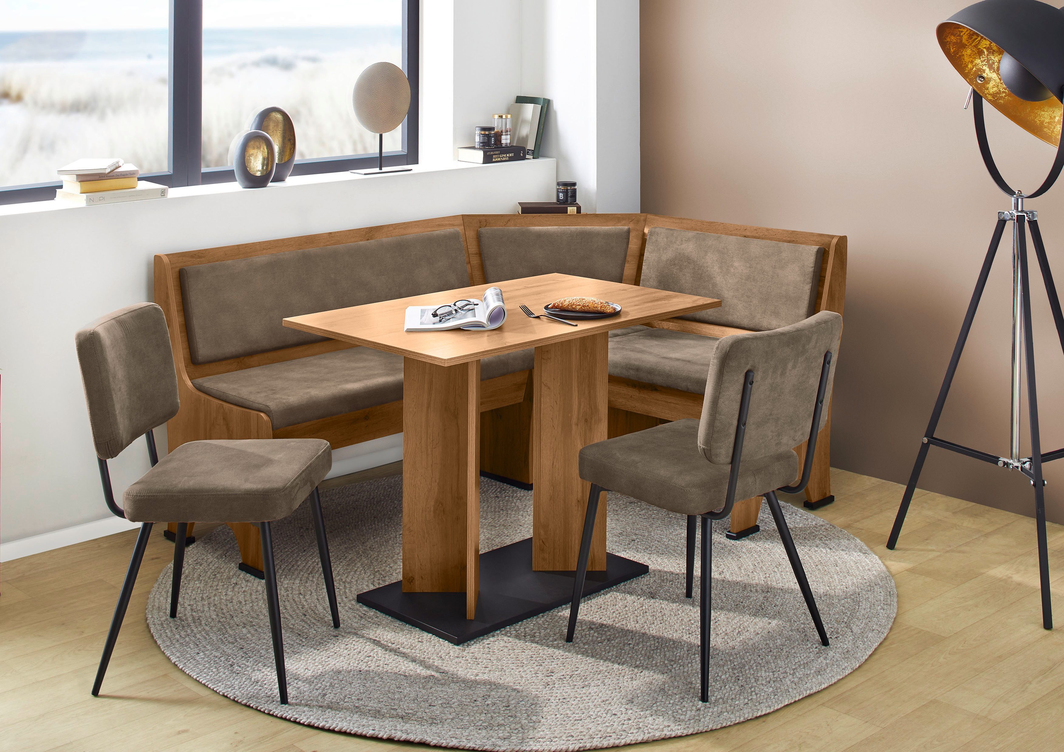 OTTO home Eckbankgruppe Theo (Set, 4-tlg. Tisch, Bank und 2 Stühle) 2 Farben wählbar, Bank links/rechts montierbar, mit Stauraum, Stühle im 2er Set