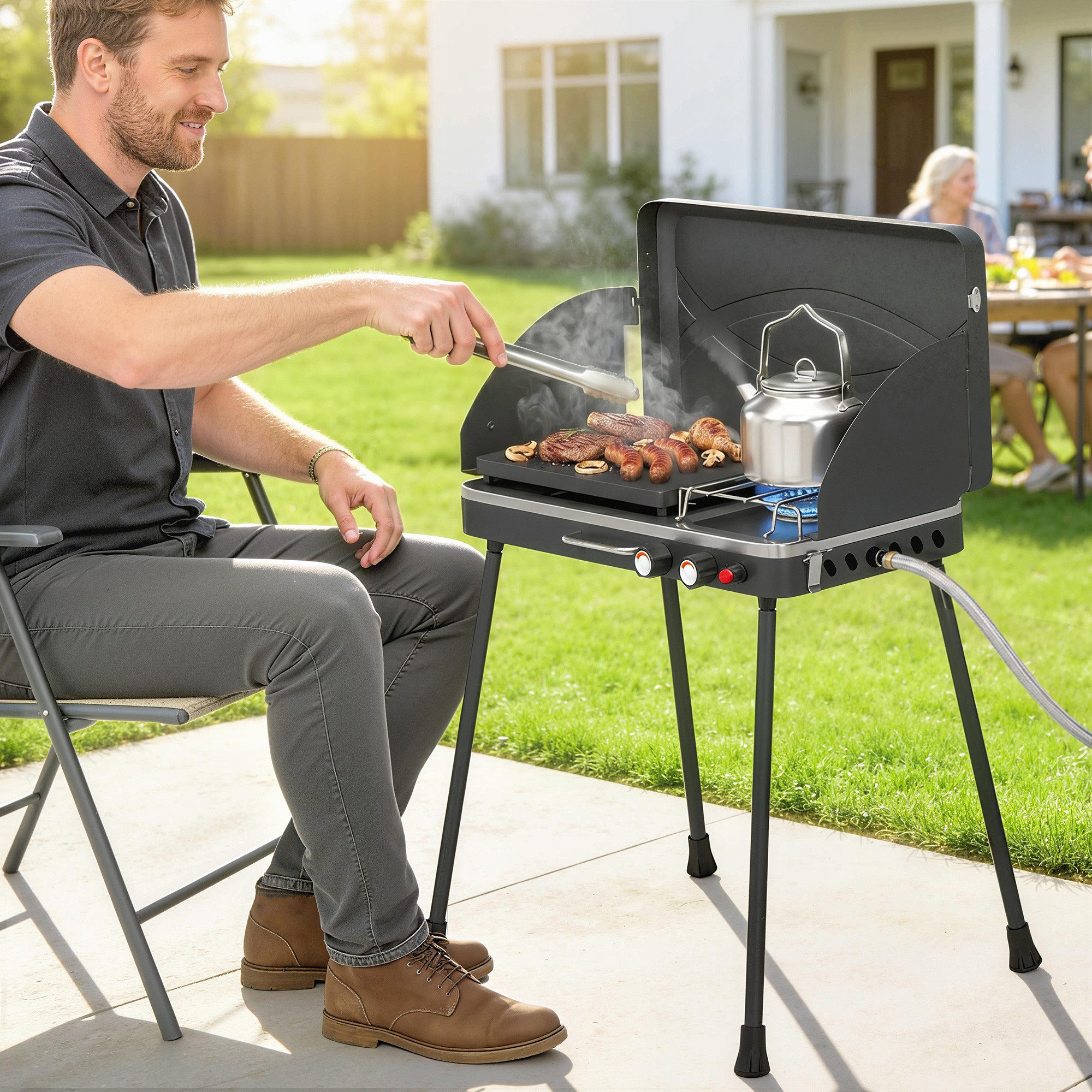 Outsunny Gasgrill 2-in-1 mit 2 Brenner 7 kW Braten klappbar Beine Tragbar, Campinggrill, Tischgrill, für BBQ Camping