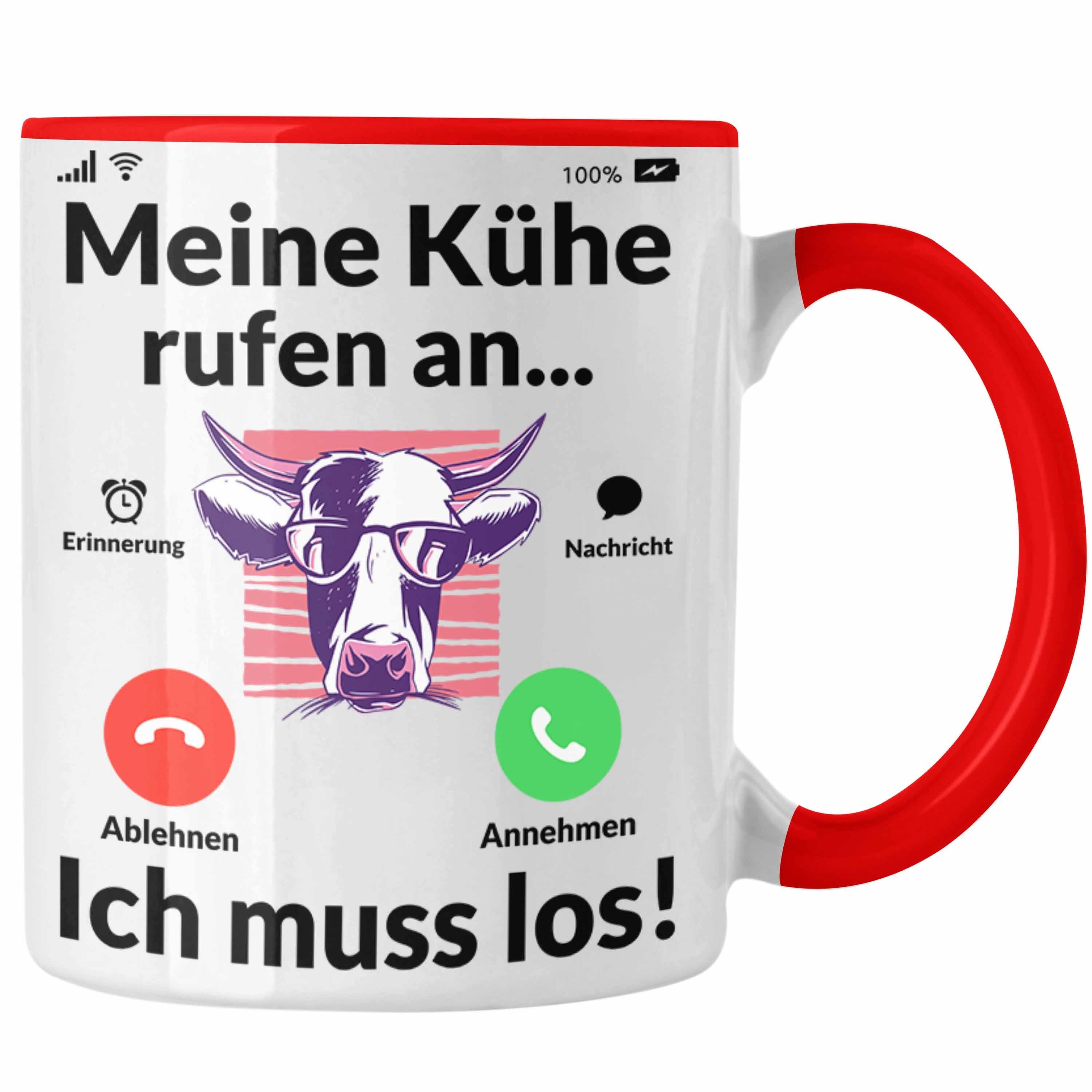 Trendation Tasse Trendation - Meine Kühe Rufen An Tasse Geschenk Landwirt Bauer Geschenkidee Landwirtin Kuh Grafik rot