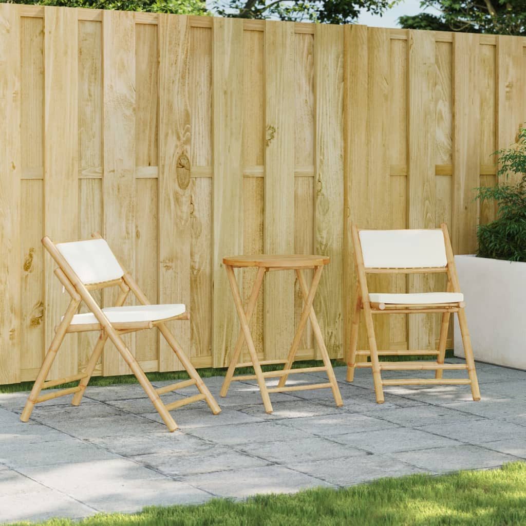 vidaXL Gartenlounge-Set 3-tlg. Bistro-Set Klappbar mit Cremeweißen Kissen Bambus