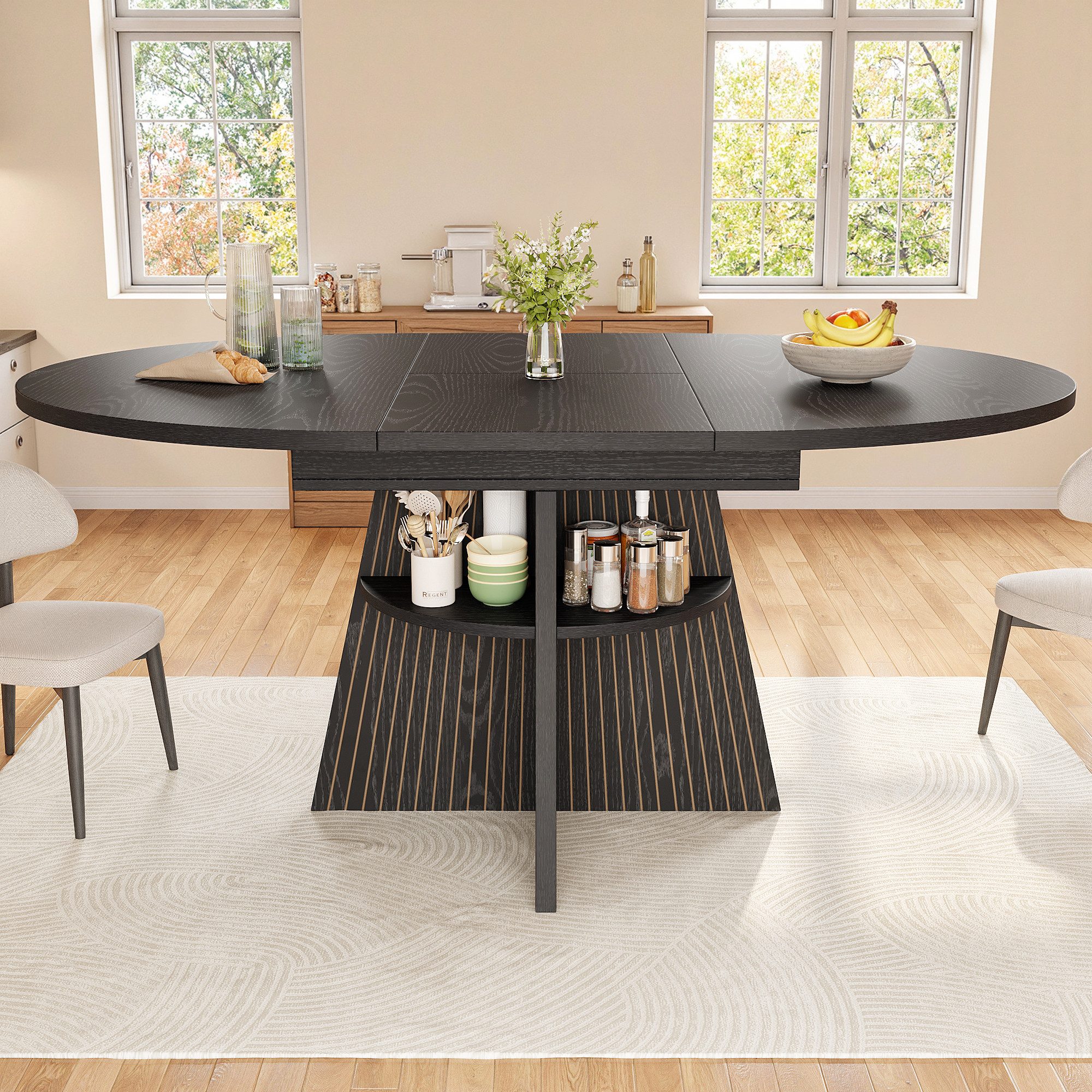 Flieks Esstisch runder/ovaler Küchentisch mit ausziehbarer Tischplatten Holzoptik (L110-150/T110/H76 cm, 1-St., 1 Tisch), erweiterbar Esszimmertisch mit Ablagen Bürotisch Schreibtisch Schwarz