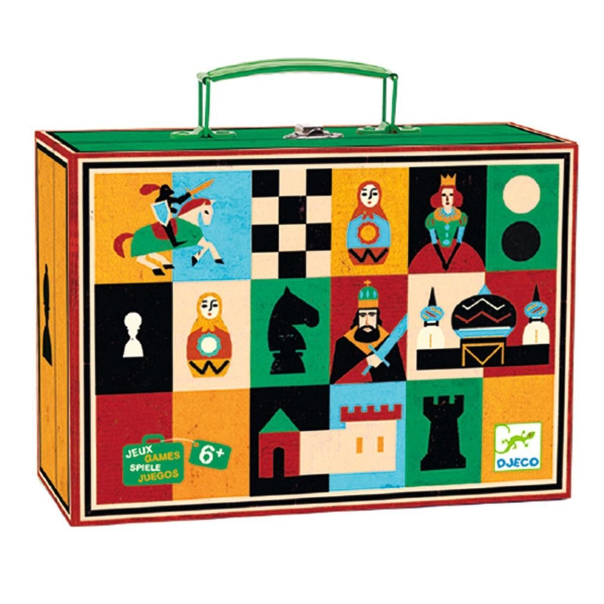 DJECO Spiel Schach & Dame Spielset im Koffer, Holzfiguren, Reisespiel ab 6