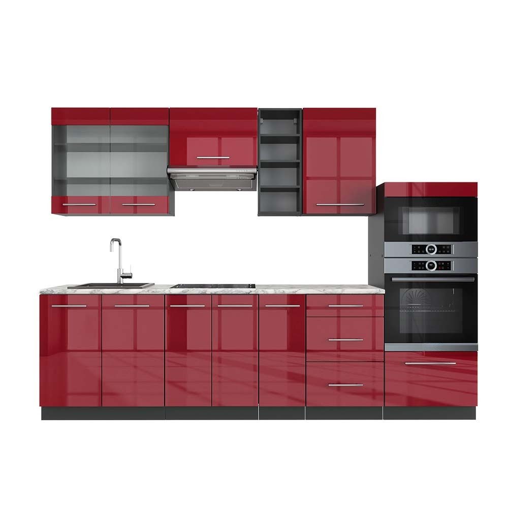 Vicco Küchenzeile Fame-Line, Bordeaux Hochglanz/Anthrazit, 280 cm, AP Marmor