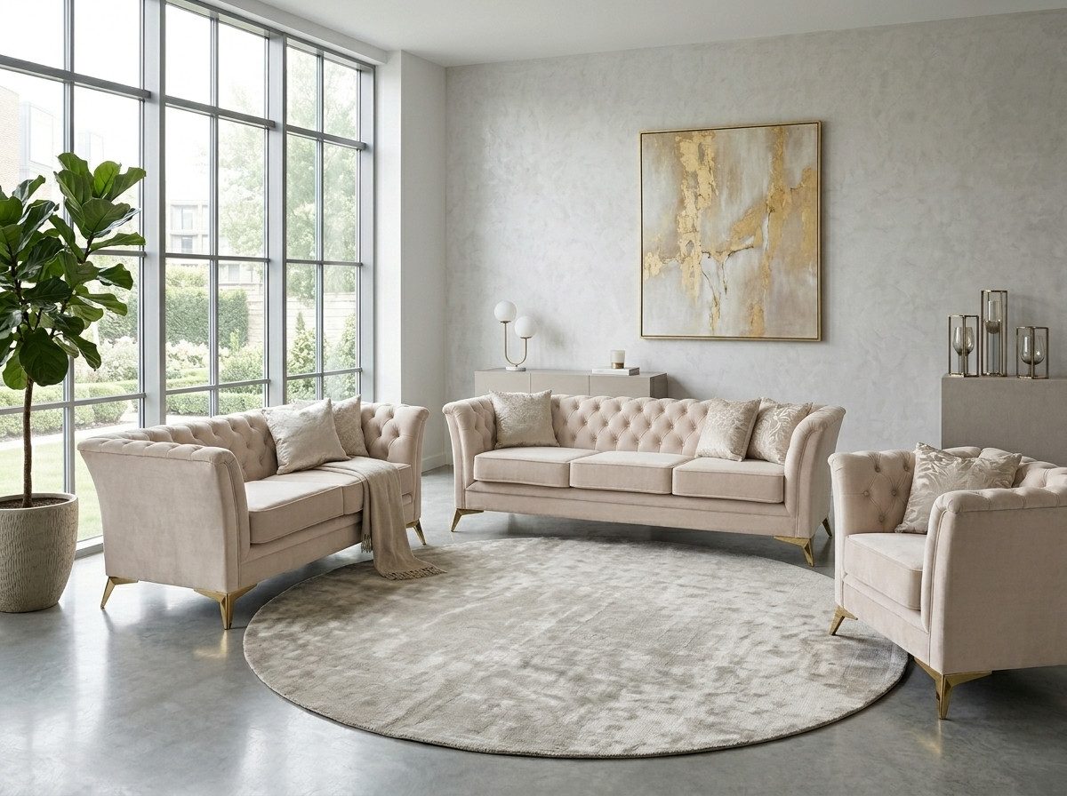 JVmoebel Chesterfield-Sofa Beiges Chesterfield Wohnzimmer-Set 3+2+1-Sitzer Sofas Sessel, 3 Teile, Made in Europa