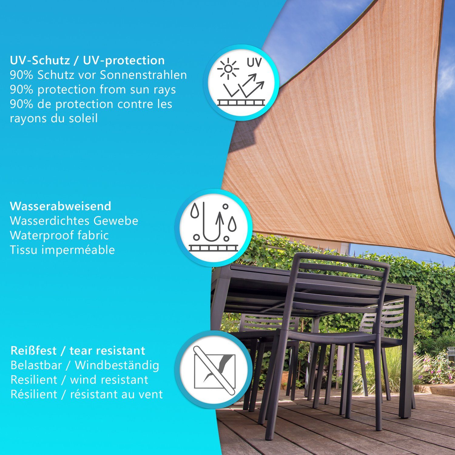 Gewebe, Balkon Sonnensegel Sonnensegel Dreieck - Sonnenschutz für Terrasse Polyester Sand 90% wasserdichtes Garten Wohnwagen NYVISun NYVI (1-tlg), UV-Schutz, Dreieckig,