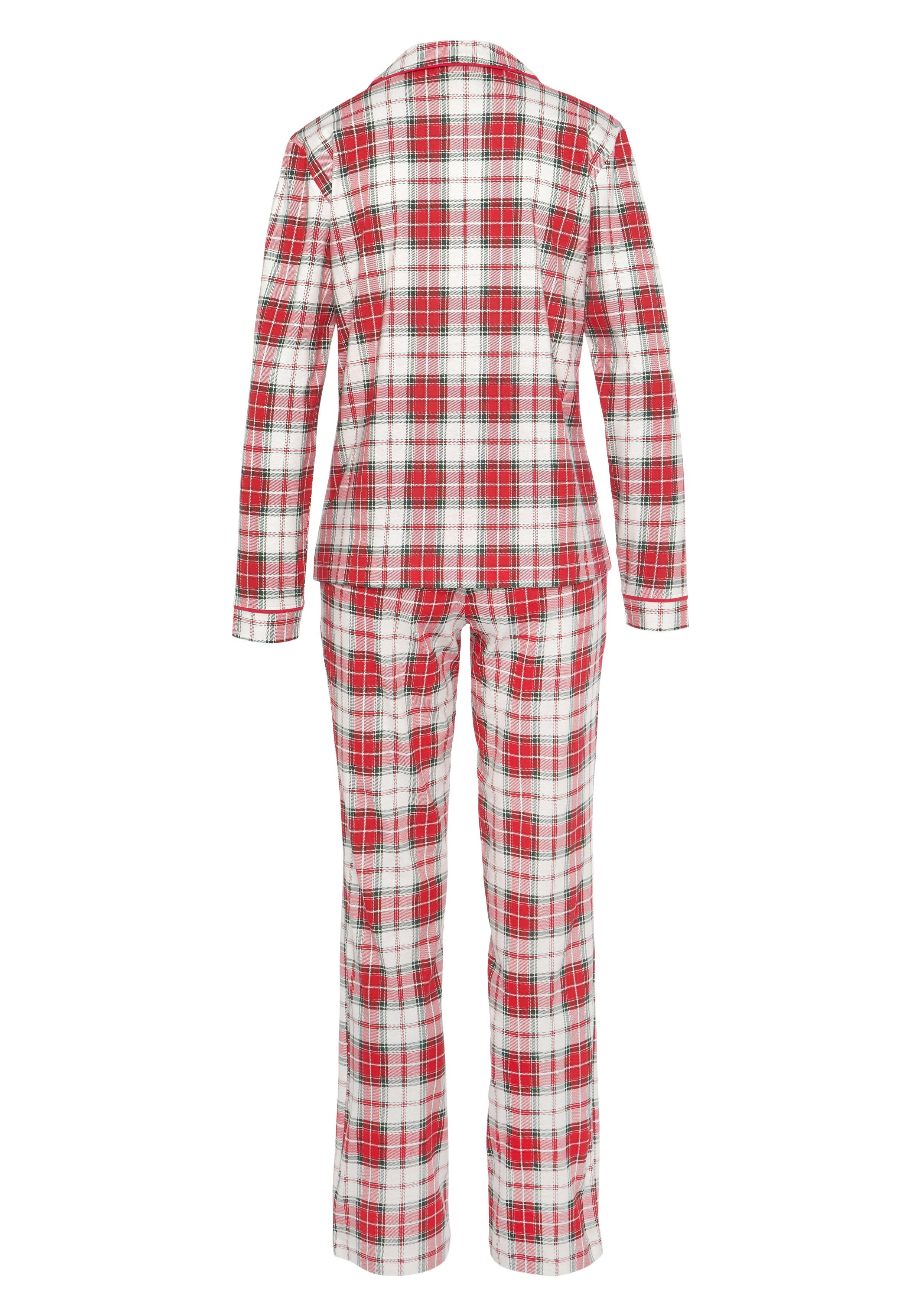 LASCANA Schlafanzug (3 tlg., weiß-rot incl. kariert Schlafmaske) Karodruck mit