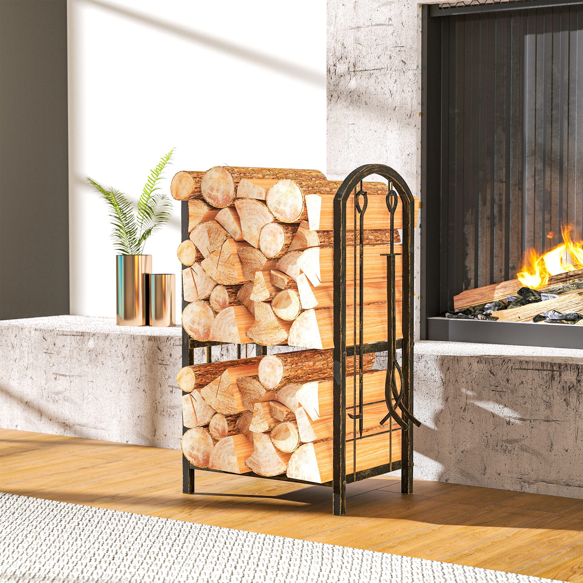 Outsunny Kaminholzregal Brennholzregal mit Haken, Kaminholzständer Schwarz, BxTxH:43x30x74 cm, (2 Regale, 1-St., 4 Kaminwerkzeuge), Metallrahmen, Kaffee-Braun