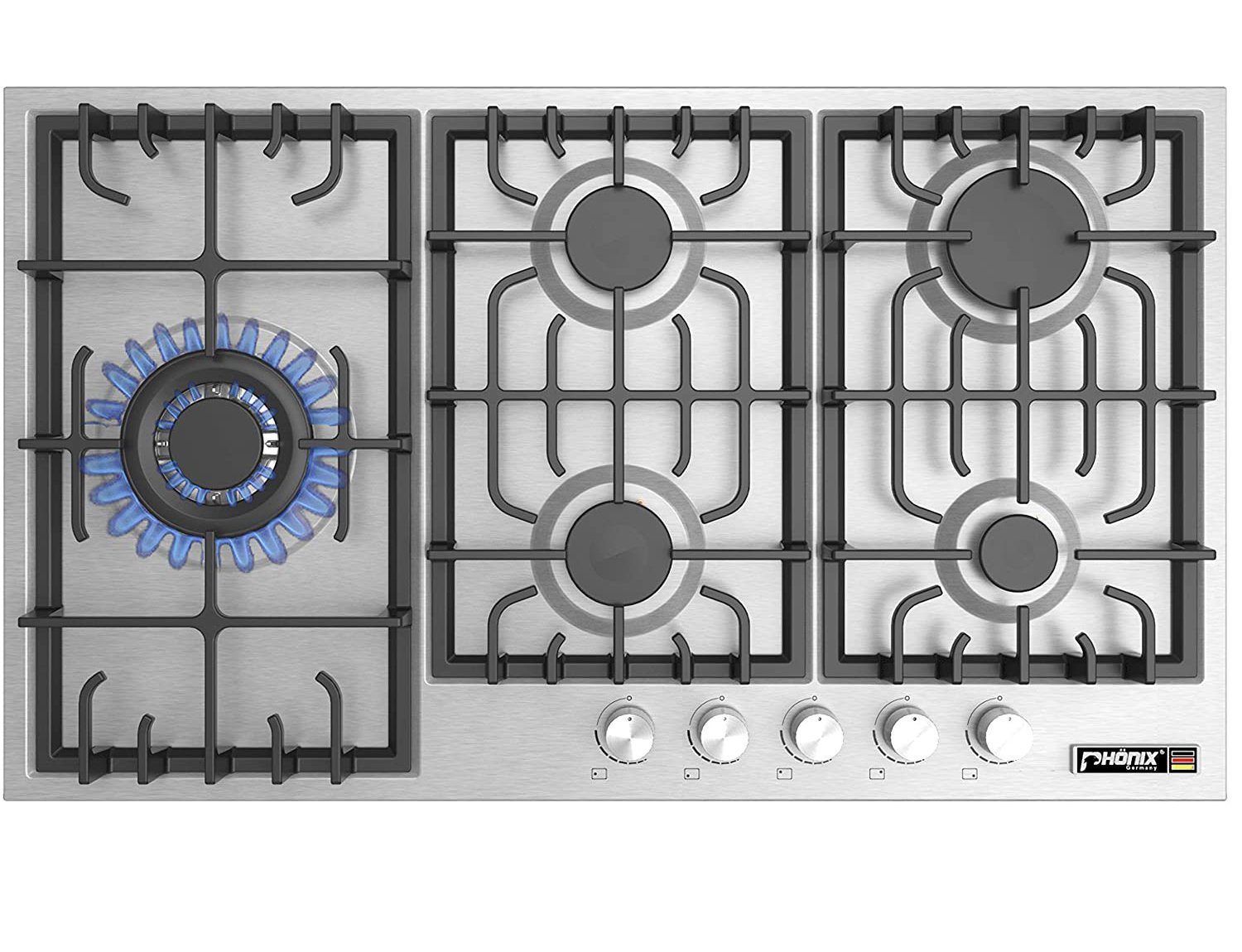 Phönix Germany Gas-Kochfeld PS-905L, Gaskocher 5 flammig mit Zündsicherung, Propan- / Erdgas, H-Gas