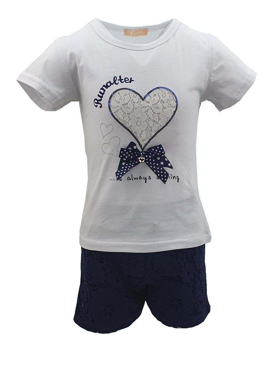 Girls Fashion T-Shirt & Shorts Sommer Set, T-Shirt + Shorts, MS241 (T-Shirt + Shorts) Weiß-Blau