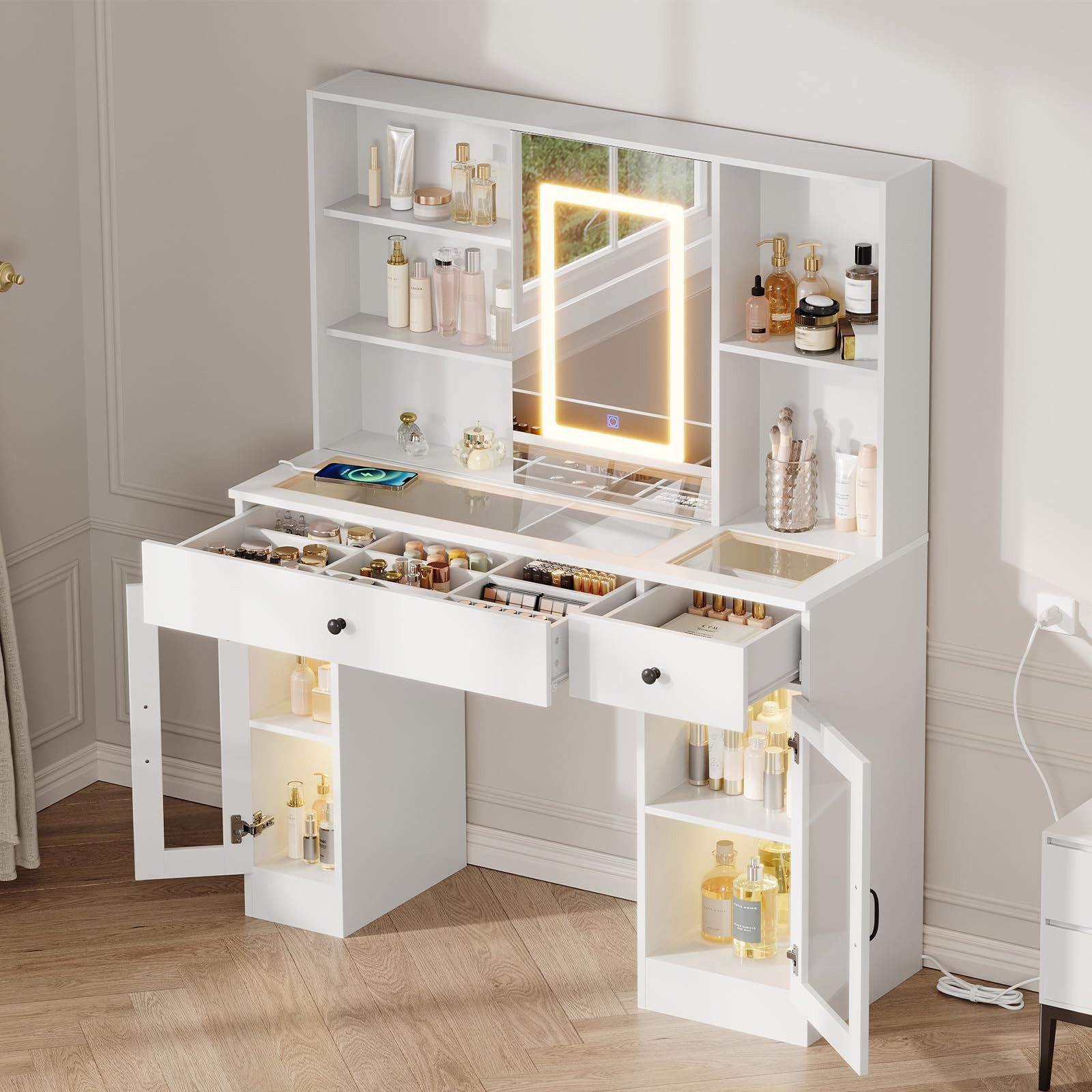 GarveeMore Schminktisch mit Schiebespiegel & Glasplatte & Glastürchen, 3-farbiges LED Licht (Weiß/Braun, integrierte Steckdosenleiste), 5 offene Fächer & 2 Schubladen (große mit 9 Fächern) & 2 Schränke