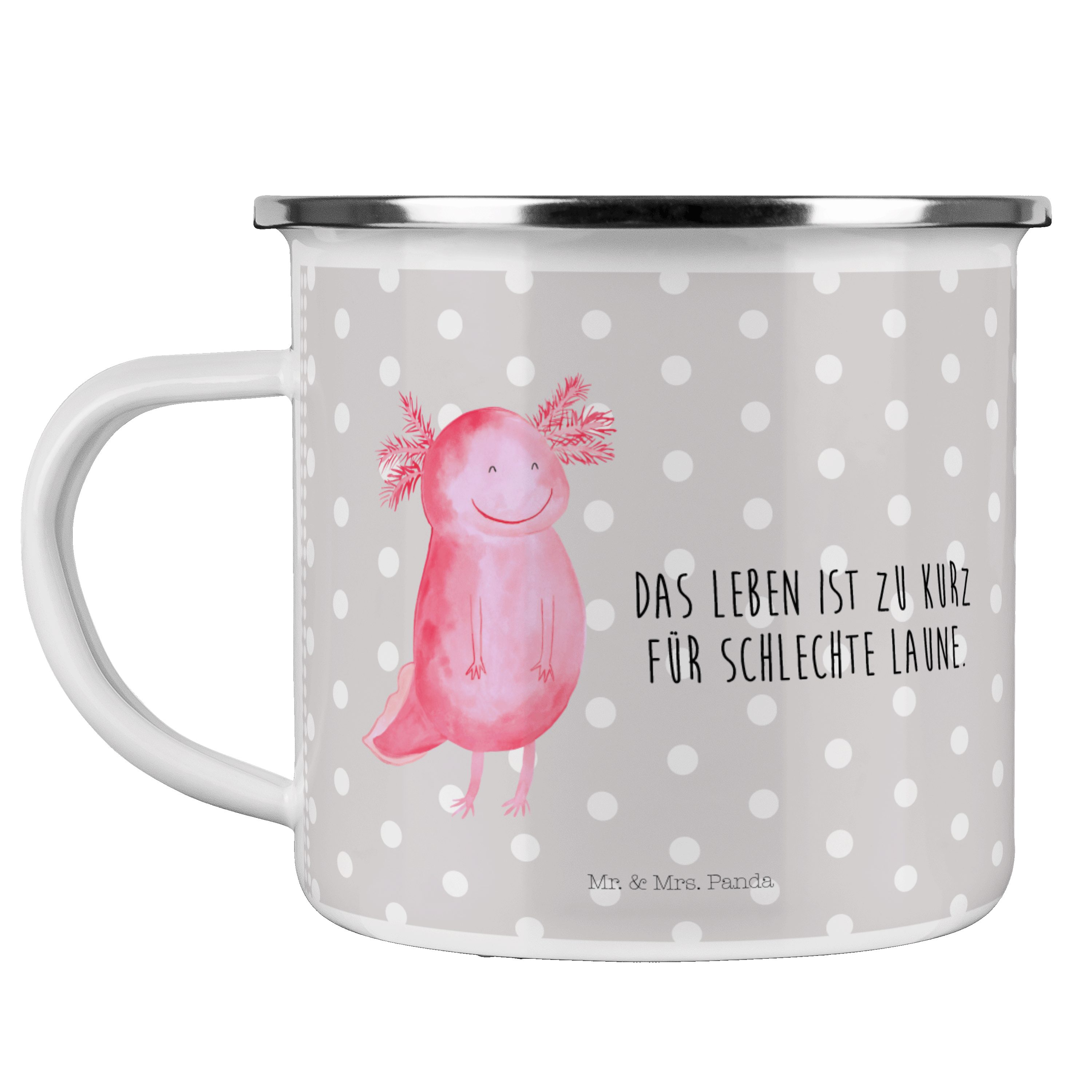 Mr. & Mrs. Panda Becher Axolotl glücklich - Grau Pastell - Geschenk, Metalltasse für Camping, Emaille