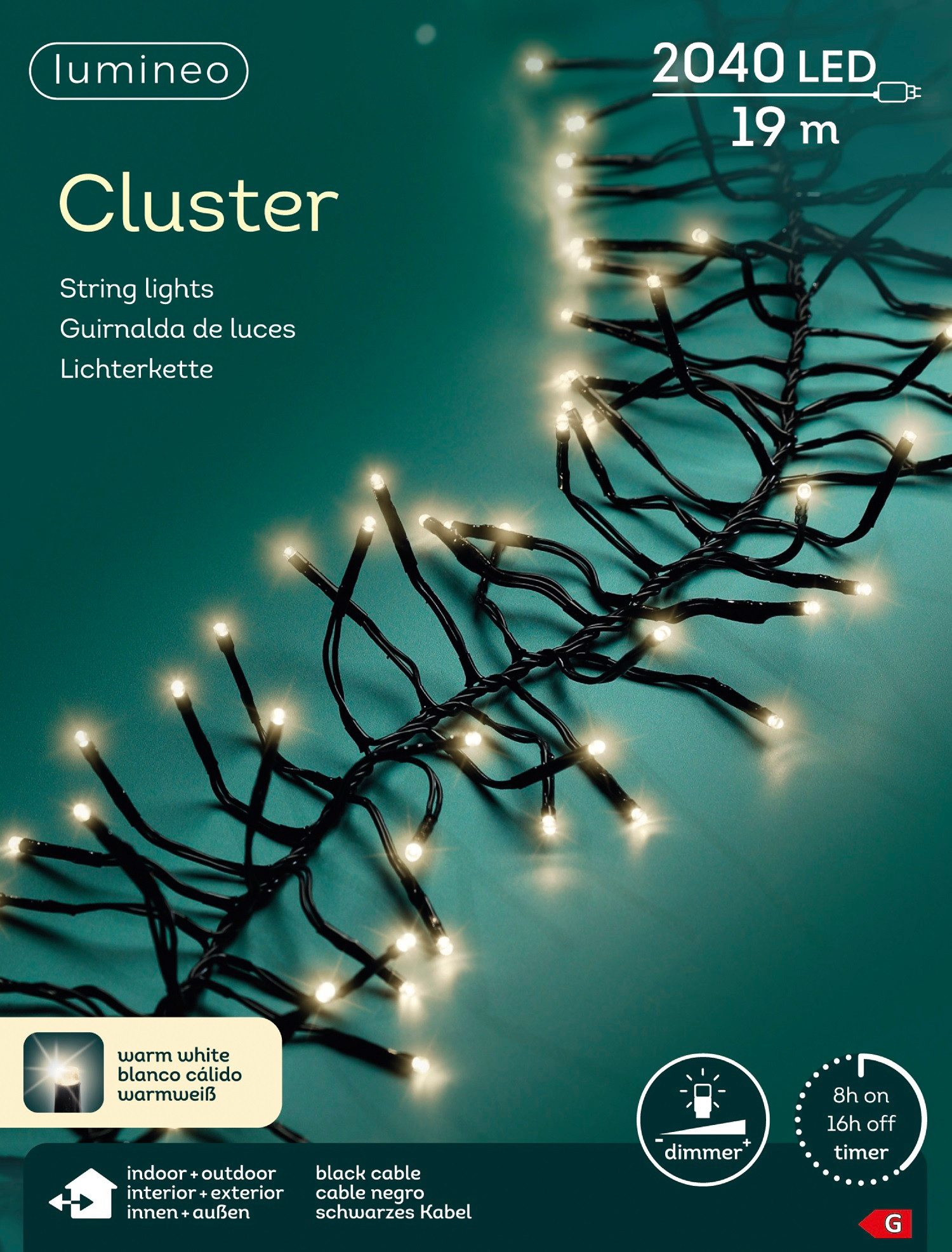Lumineo LED-Lichterkette Lumineo Lichterkette CLUSTER 2040 LED 19 m warm weiß, schwarzes Kabel, Indoor/Outdoor, dimmbar, 8h-Timer, + 5 m Zuleitung
