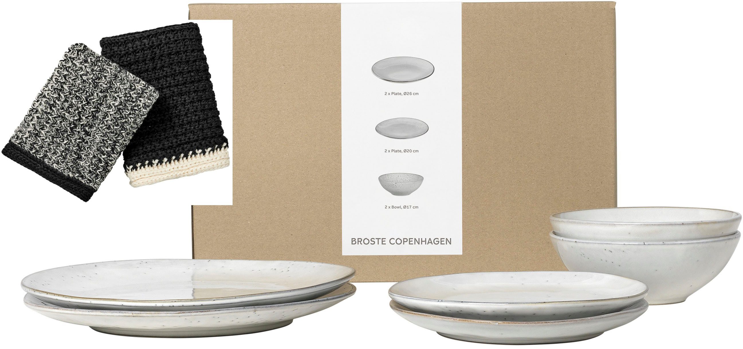 Broste Copenhagen Geschirr-Set Nordic Sand, inklusive Spültuch Set aus 100% Baumwolle (7-tlg), 2 Personen, Keramik, Beliebte Geschirr Sets Exclusiv mit Geschenk