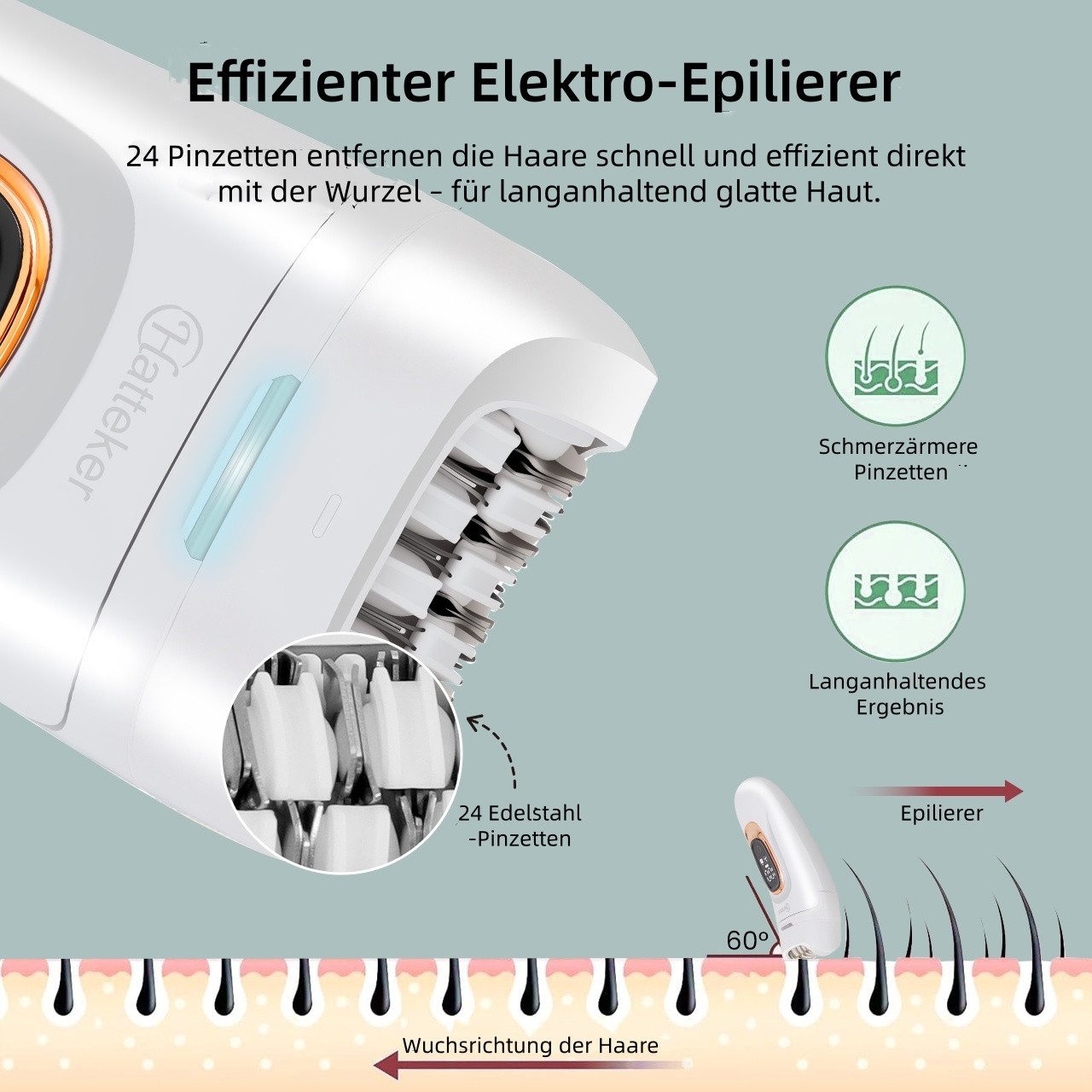 HATTEKER Epilierer HT-582, Aufsätze: 1 St., Körperpflegegerät, Damen Rasierer, 24 Edelstahl-Pinzetten, Wet&Dry