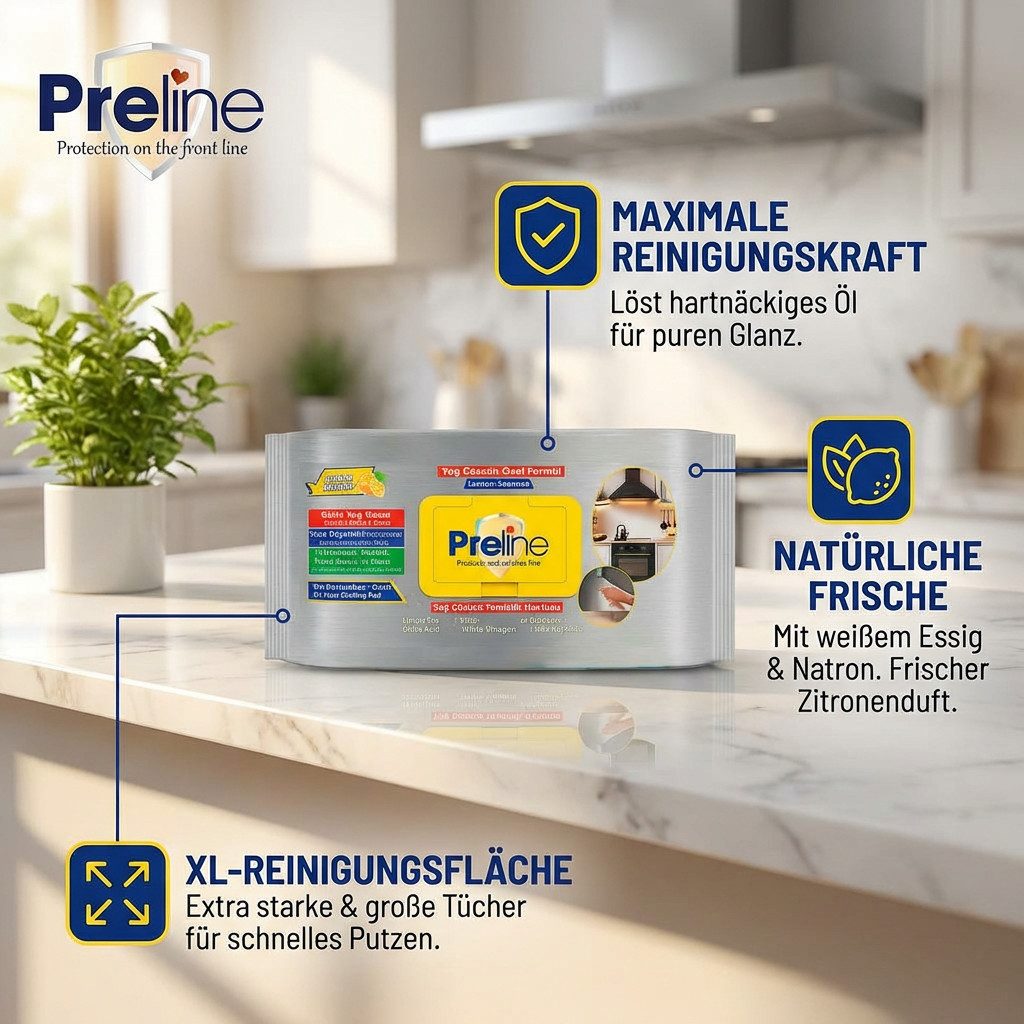 Preline Fettlöser Tücher XL - Für Küche & Herd - Starke Einwegputztücher Reinigungstücher (Packung, 6-tlg., 60 Stück)