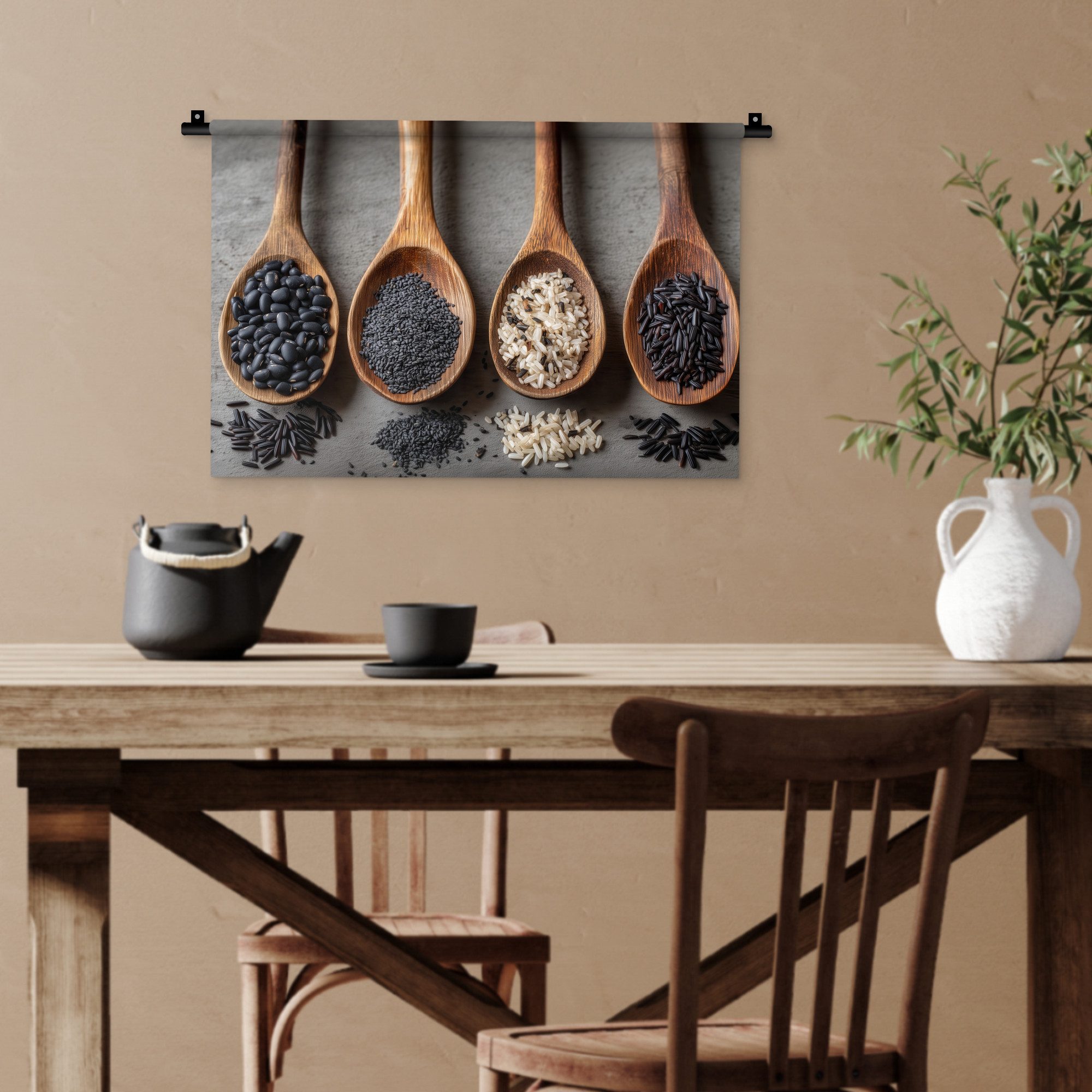 MuchoWow Wandteppich Holz - Löffel - Reis - Saatgut, Rechteckig, Höhe: 3 mm, Wandteppich für Wohnzimmer, Schlafzimmer, 60x40 cm