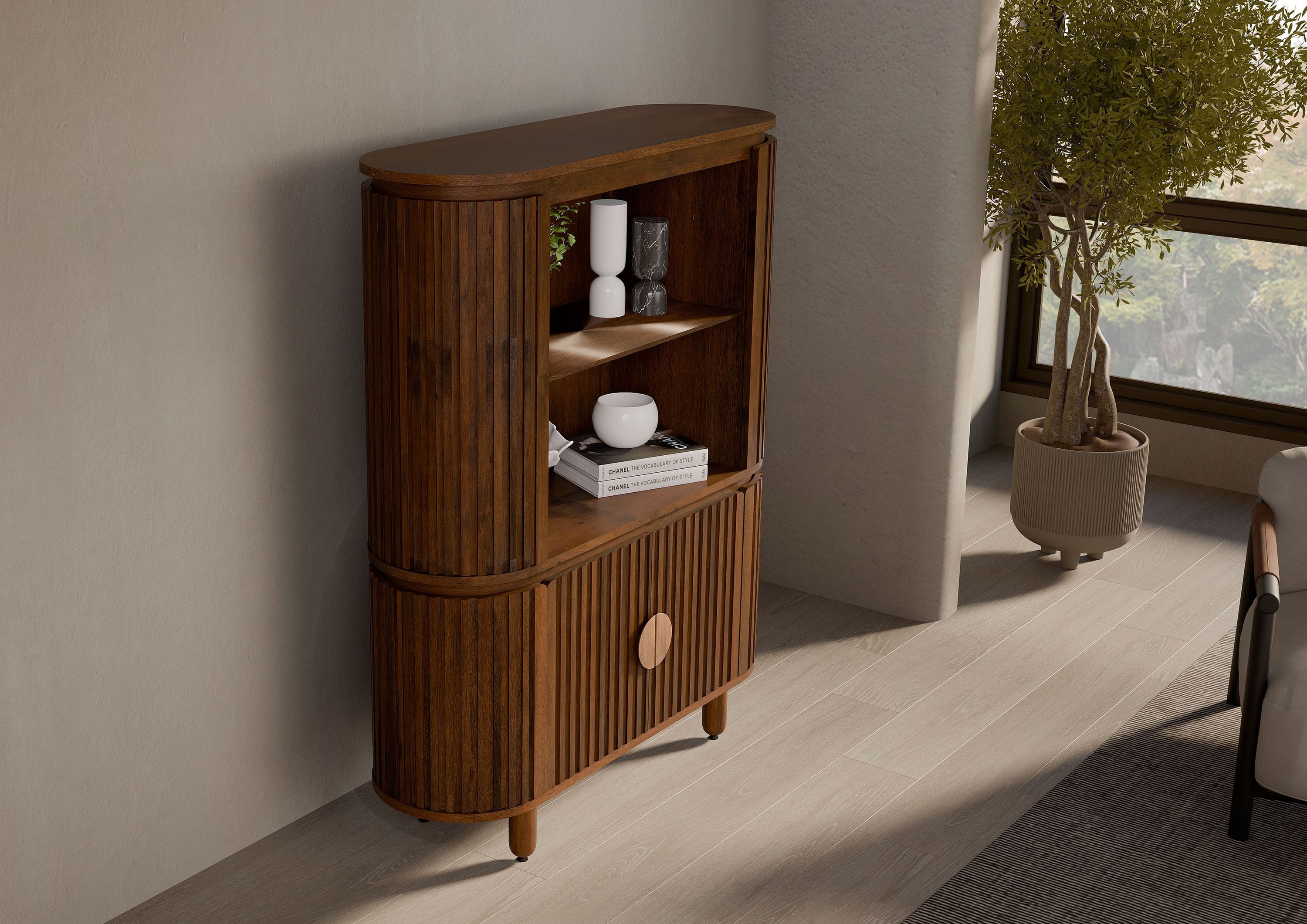 Massivmoebel24 Highboard KYOTO (Massivholz), Mango 120x40x150 braun geölt KYOTO #115